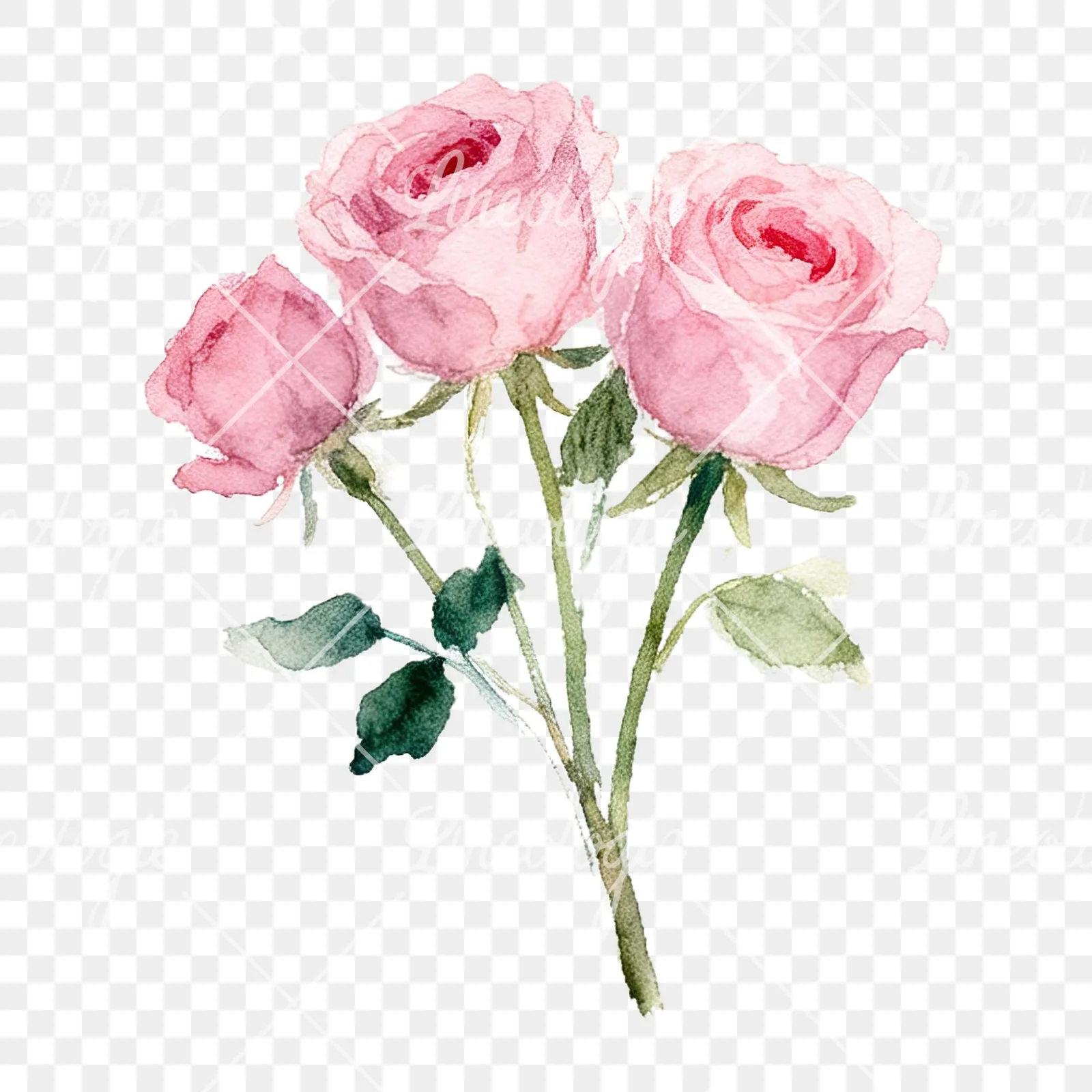 Watercolor pink rose bouquet with buds clipart 10 of 12 on a transparent background (PNG)