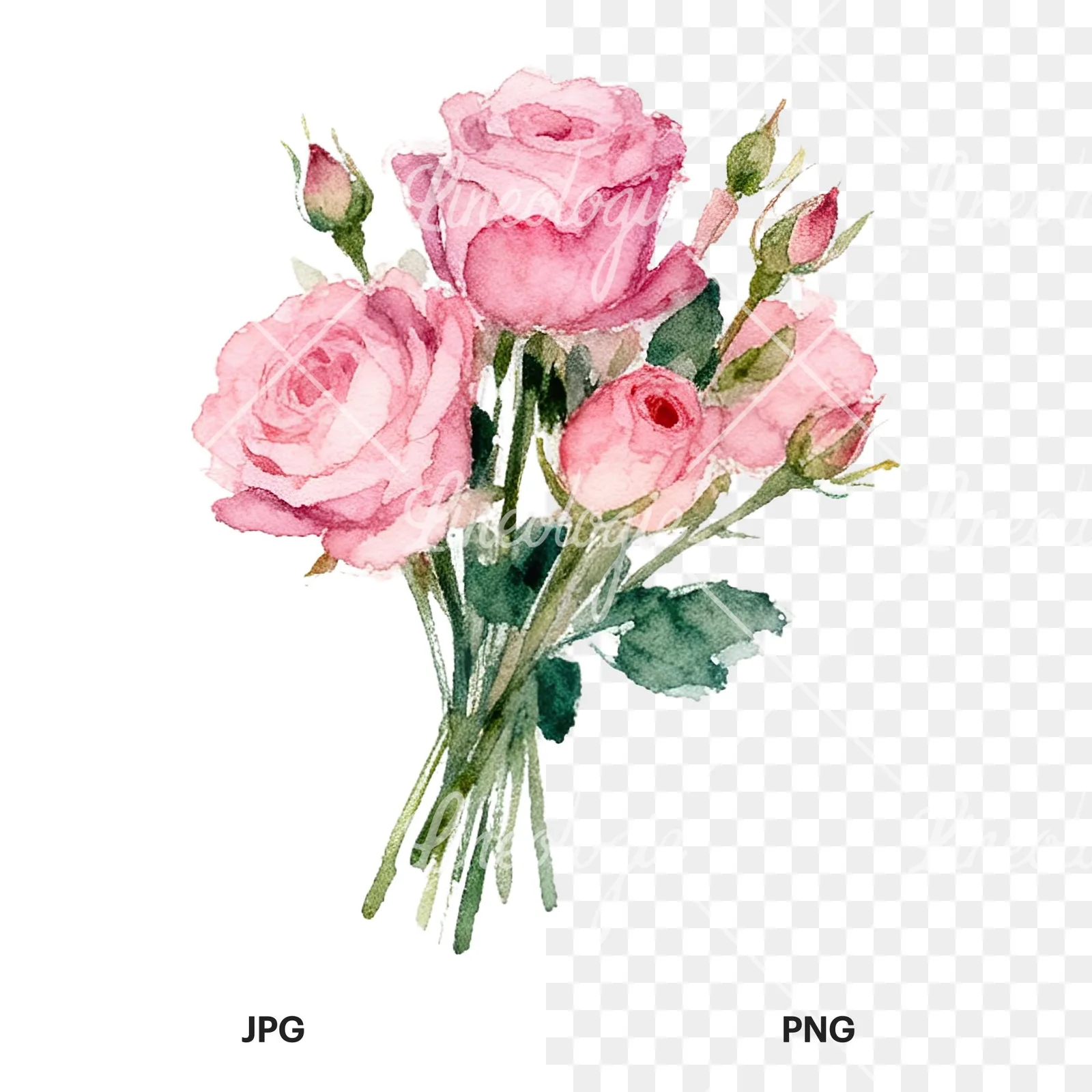 Watercolor pink rose bouquet with buds clipart 11 of 12, as a JPG on white and a transparent PNG