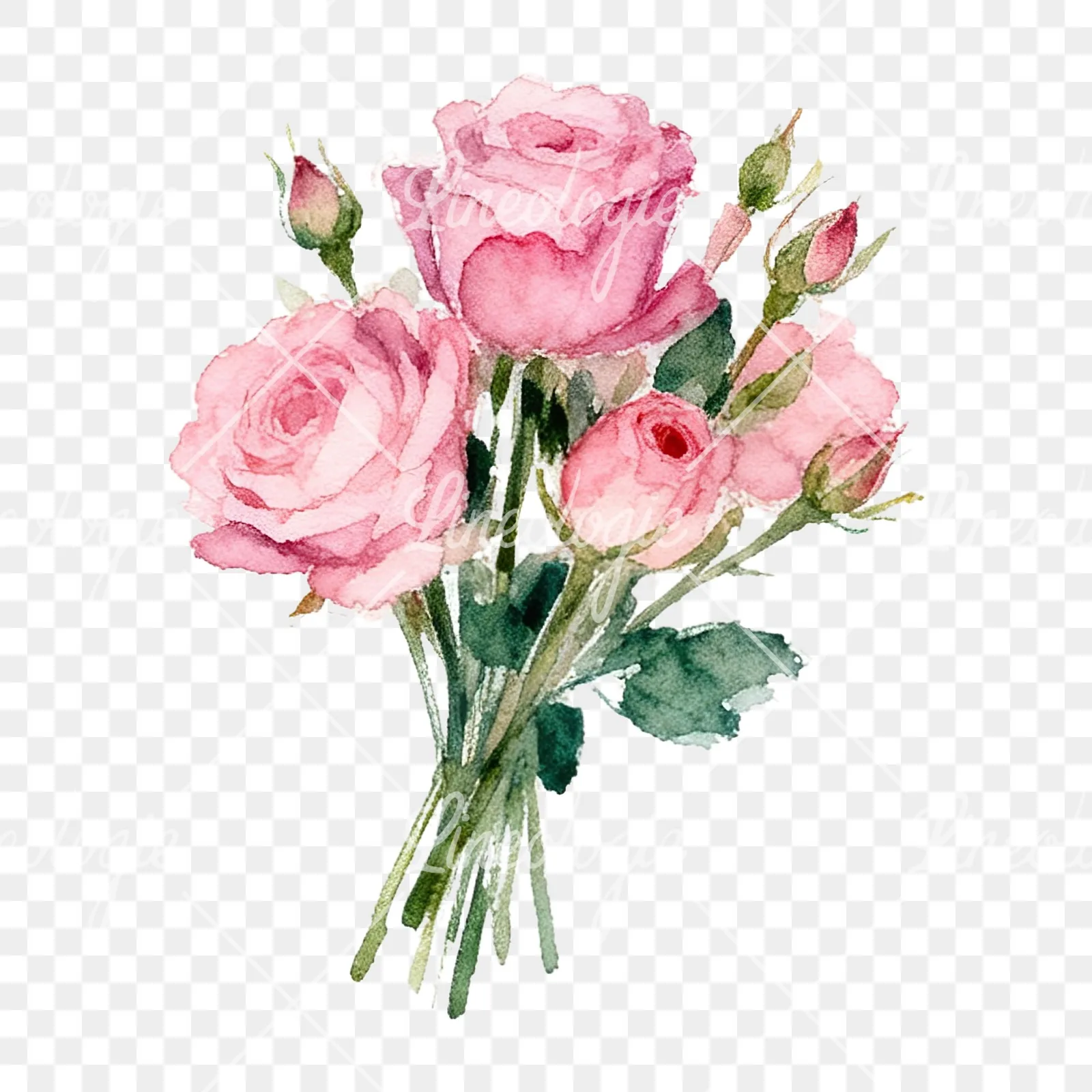 Watercolor pink rose bouquet with buds clipart 11 of 12 on a transparent background (PNG)