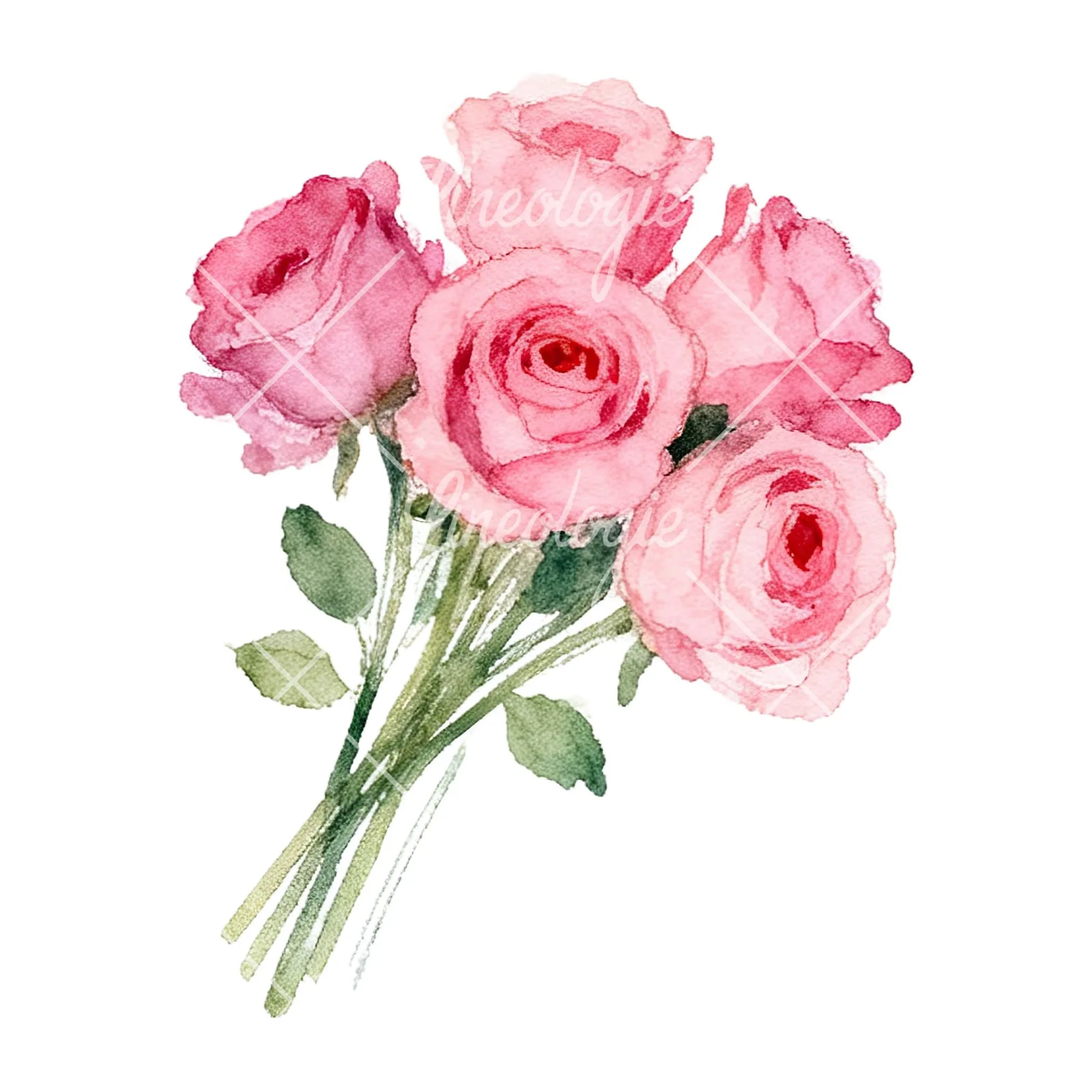 Watercolor pink rose bouquet with buds clipart 12 of 12 on a white background (JPG)