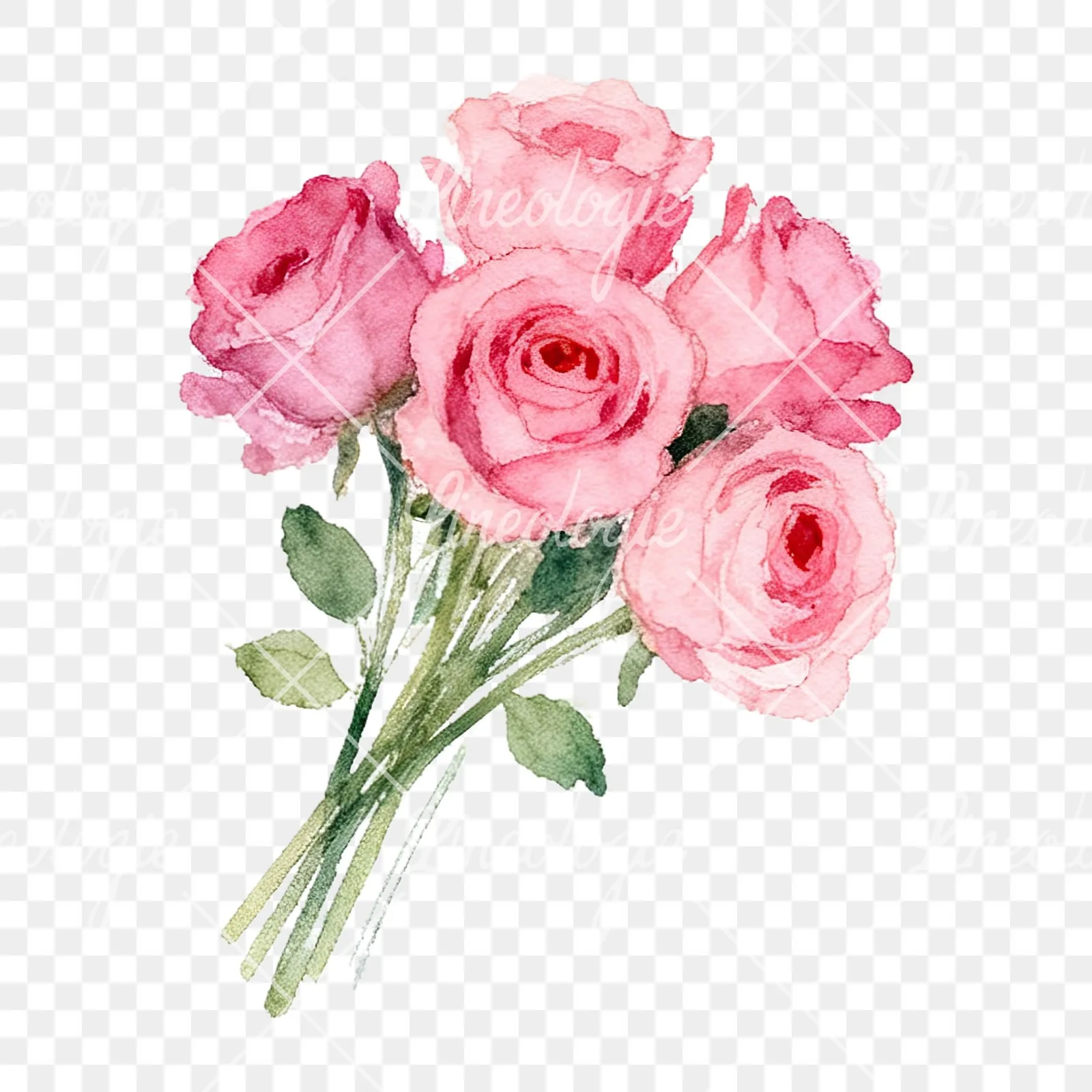 Watercolor pink rose bouquet with buds clipart 12 of 12 on a transparent background (PNG)