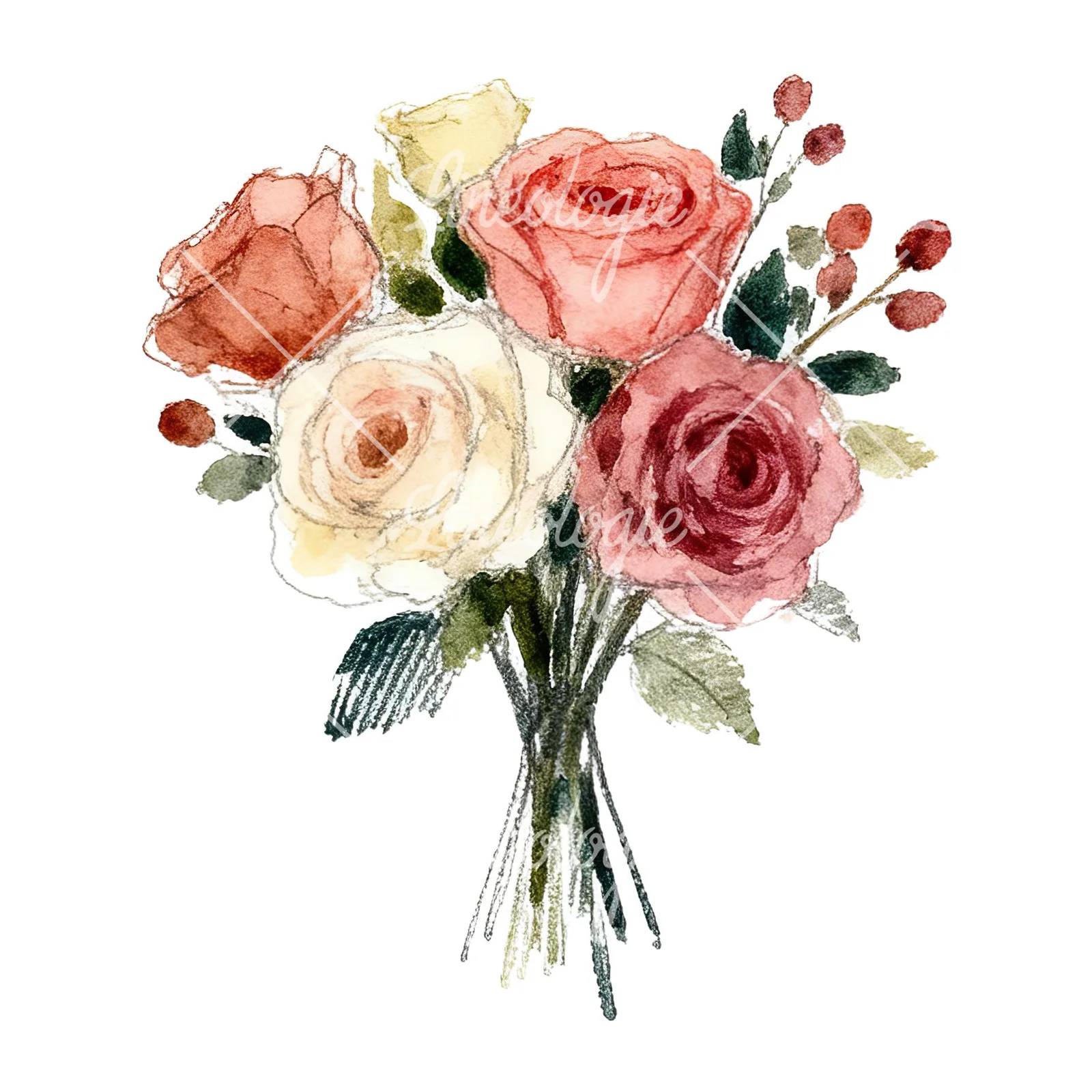 Watercolor rose bouquet with berries clipart 1 of 12 on a white background (JPG)