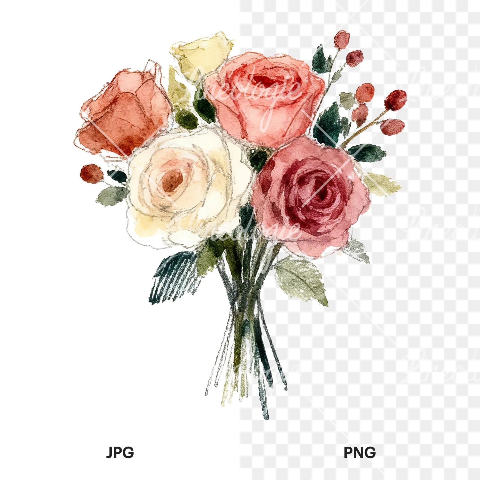 Watercolor rose bouquet with berries clipart 1 of 12, as a JPG on white and a transparent PNG