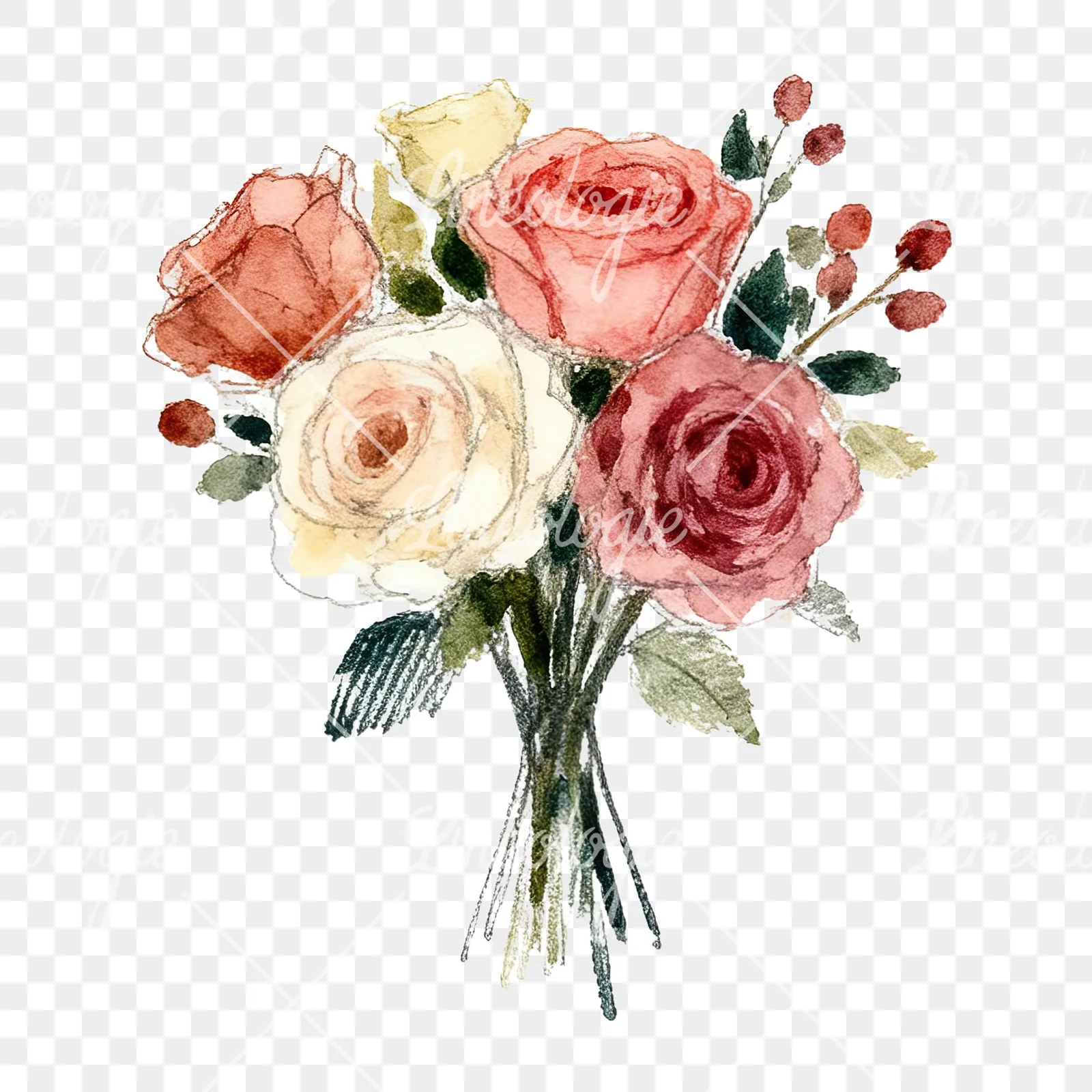 Watercolor rose bouquet with berries clipart 1 of 12 on a transparent background (PNG)