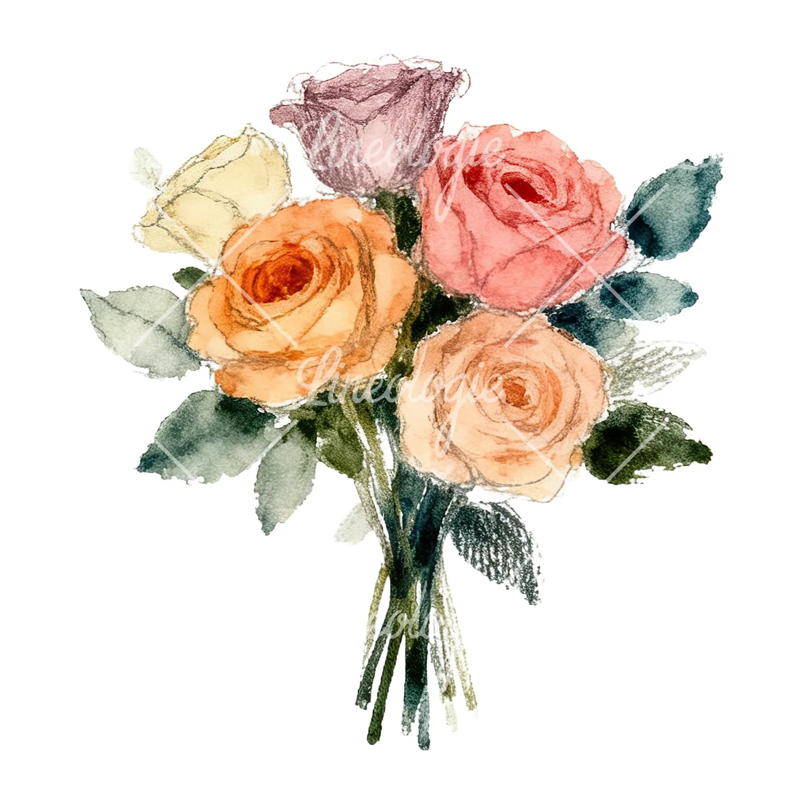 Watercolor rose bouquet with berries clipart 2 of 12 on a white background (JPG)