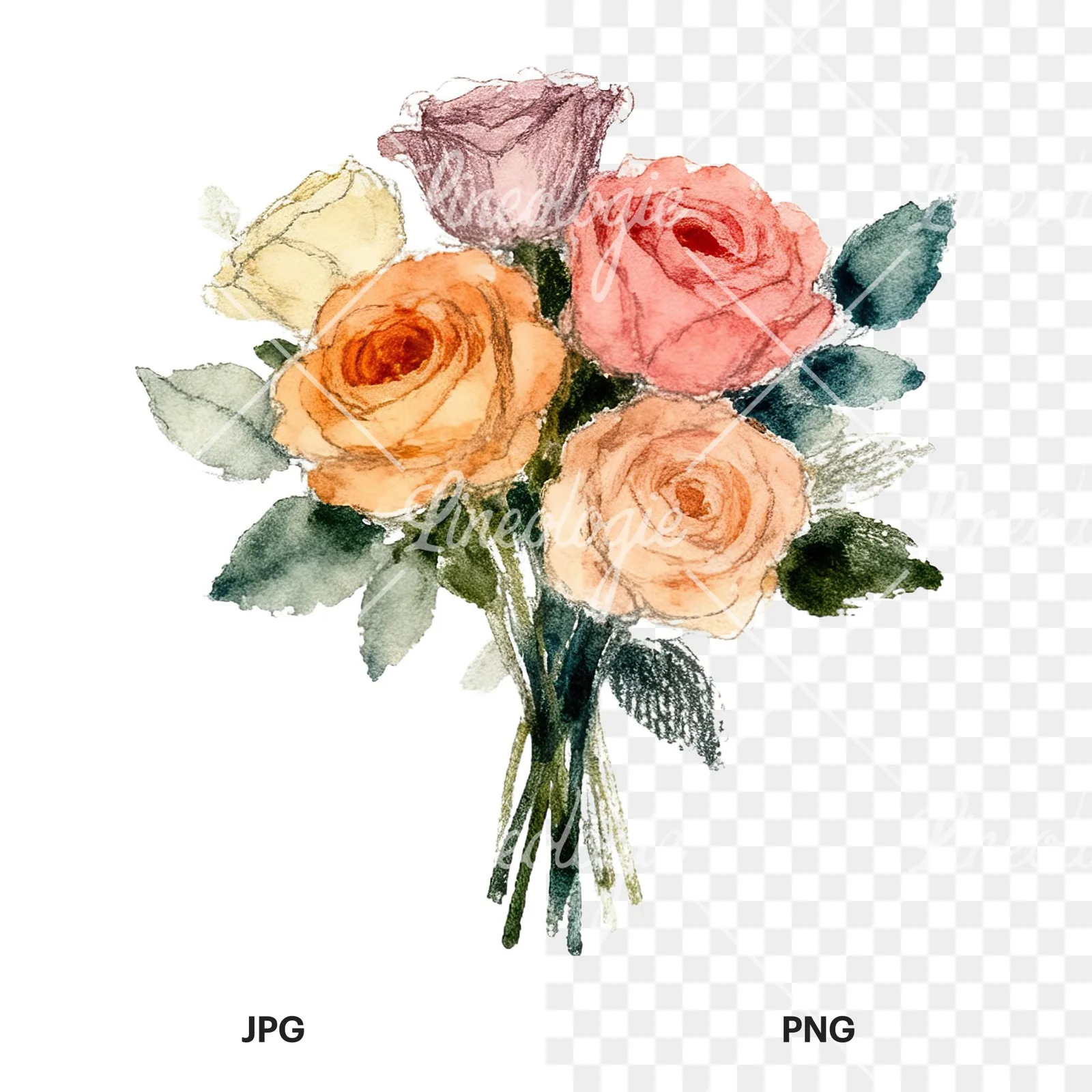 Watercolor rose bouquet with berries clipart 2 of 12, as a JPG on white and a transparent PNG