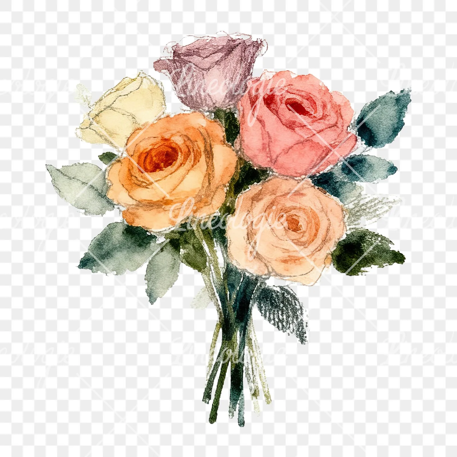 Watercolor rose bouquet with berries clipart 2 of 12 on a transparent background (PNG)