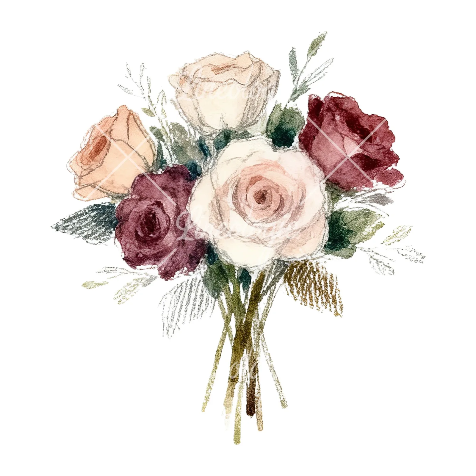 Watercolor rose bouquet with berries clipart 3 of 12 on a white background (JPG)