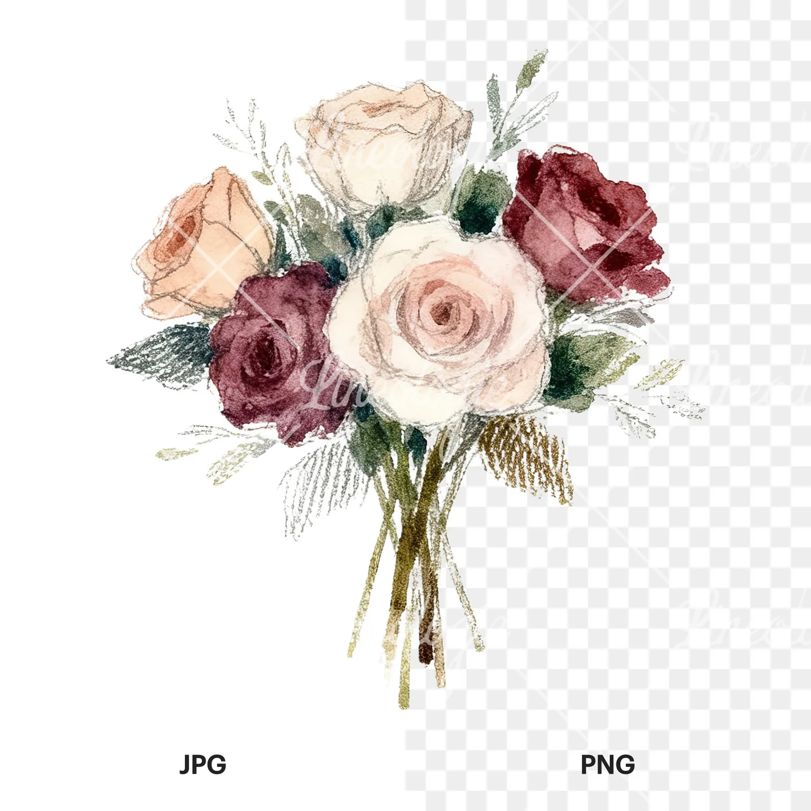 Watercolor rose bouquet with berries clipart 3 of 12, as a JPG on white and a transparent PNG