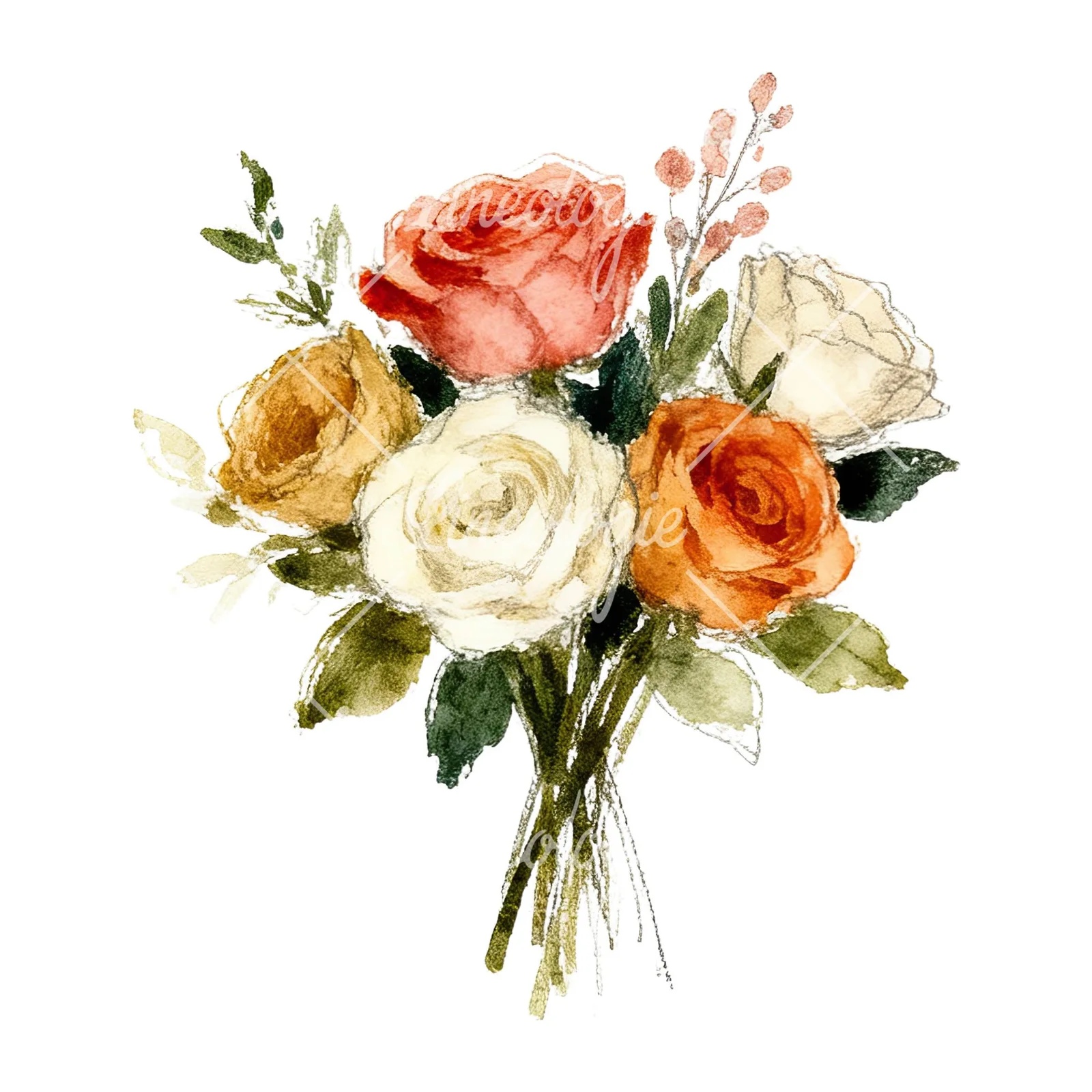 Watercolor rose bouquet with berries clipart 4 of 12 on a white background (JPG)
