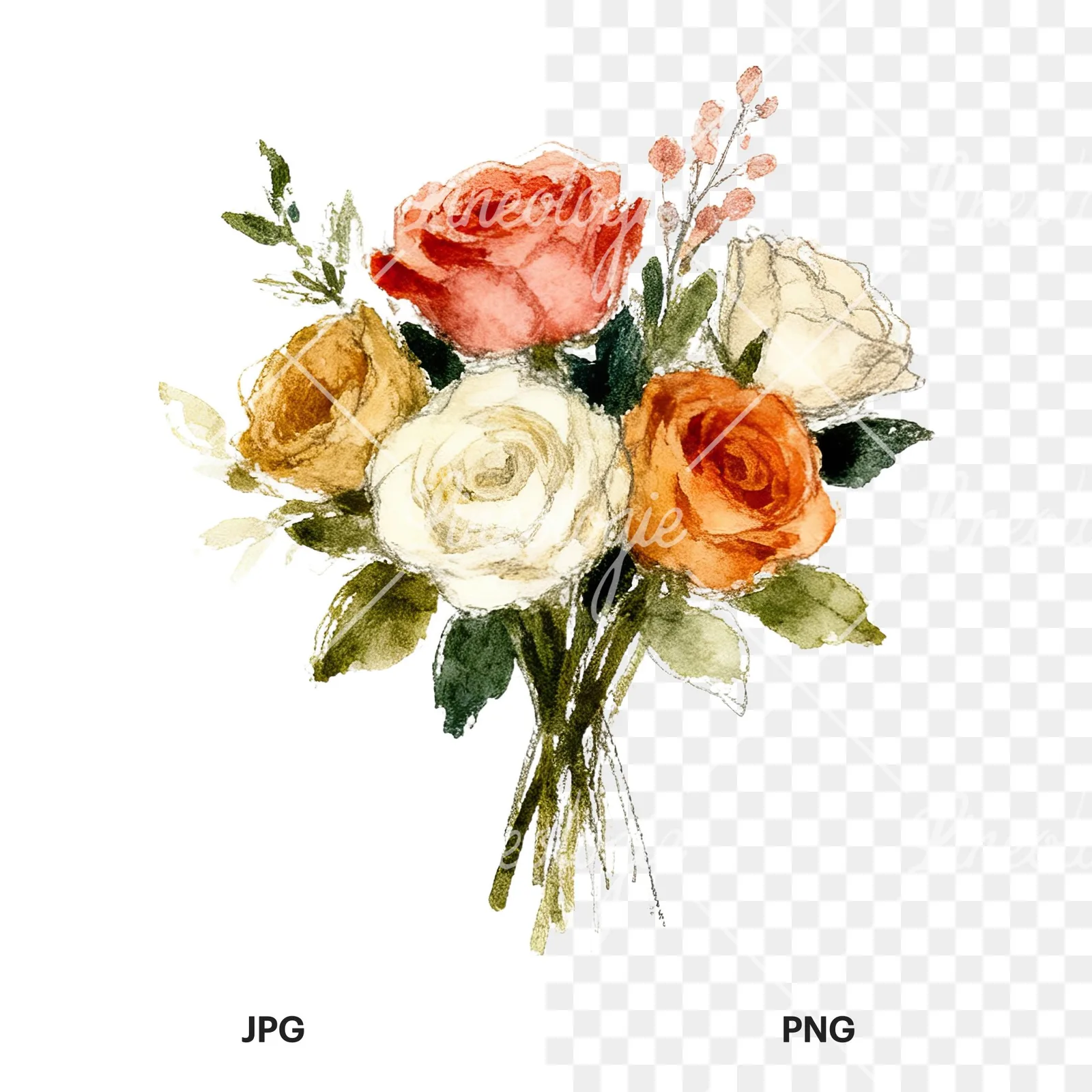 Watercolor rose bouquet with berries clipart 4 of 12, as a JPG on white and a transparent PNG