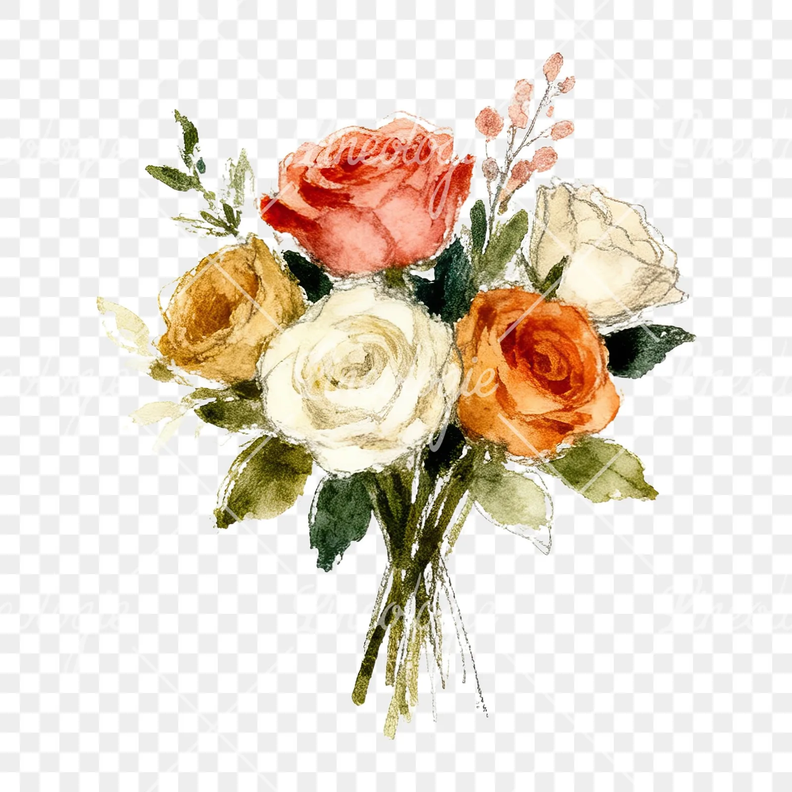 Watercolor rose bouquet with berries clipart 4 of 12 on a transparent background (PNG)