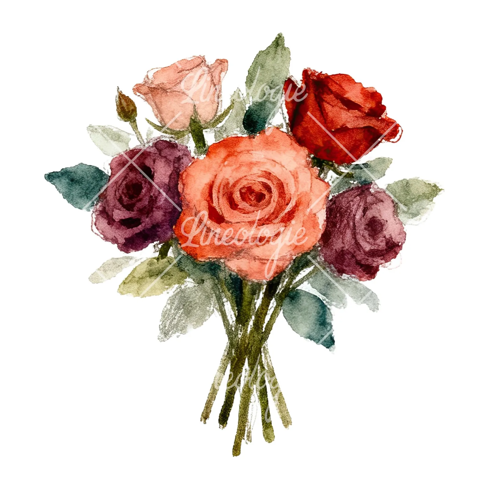 Watercolor rose bouquet with berries clipart 5 of 12 on a white background (JPG)