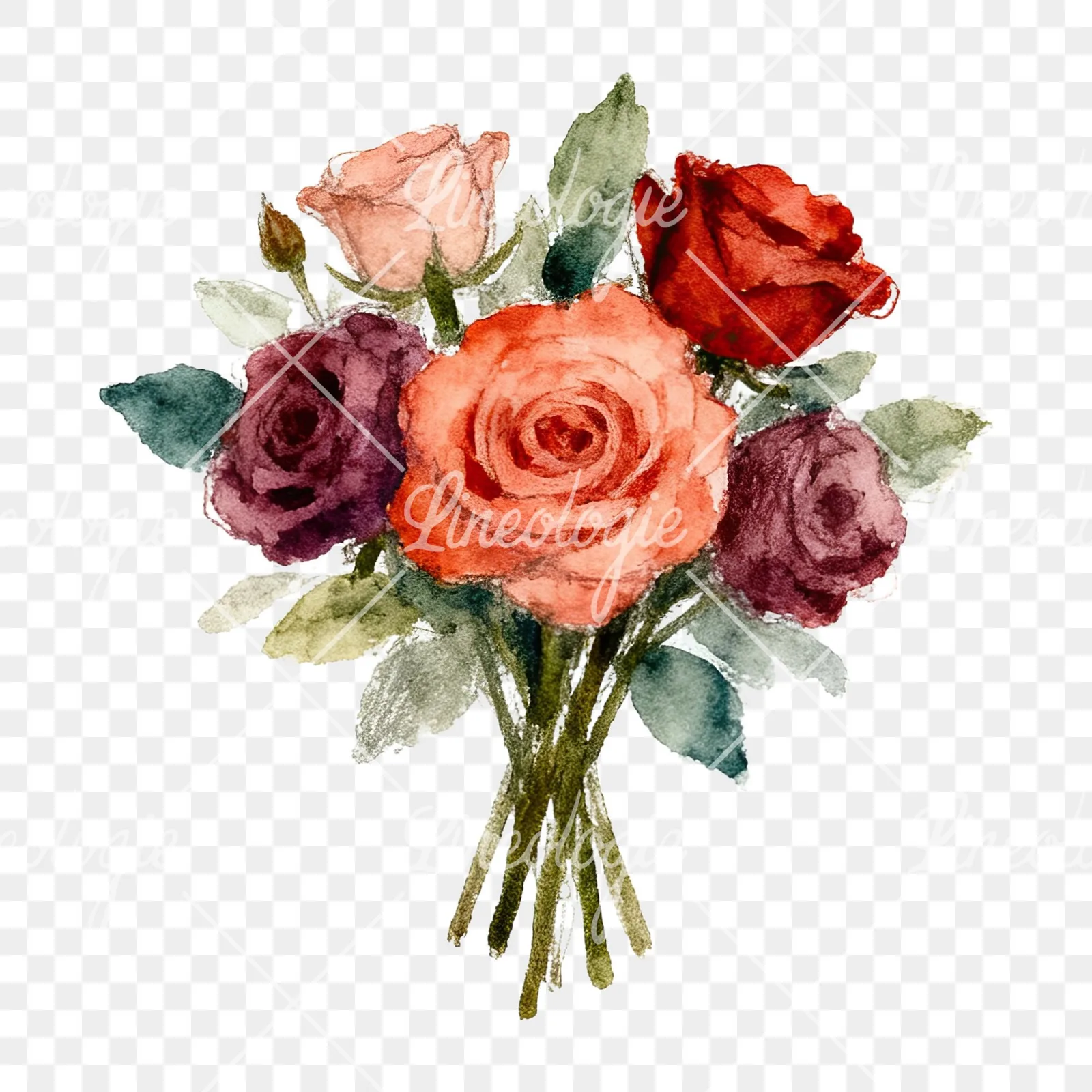Watercolor rose bouquet with berries clipart 5 of 12 on a transparent background (PNG)