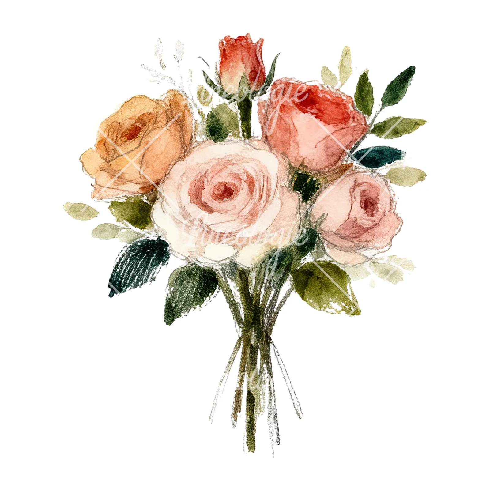 Watercolor rose bouquet with berries clipart 6 of 12 on a white background (JPG)