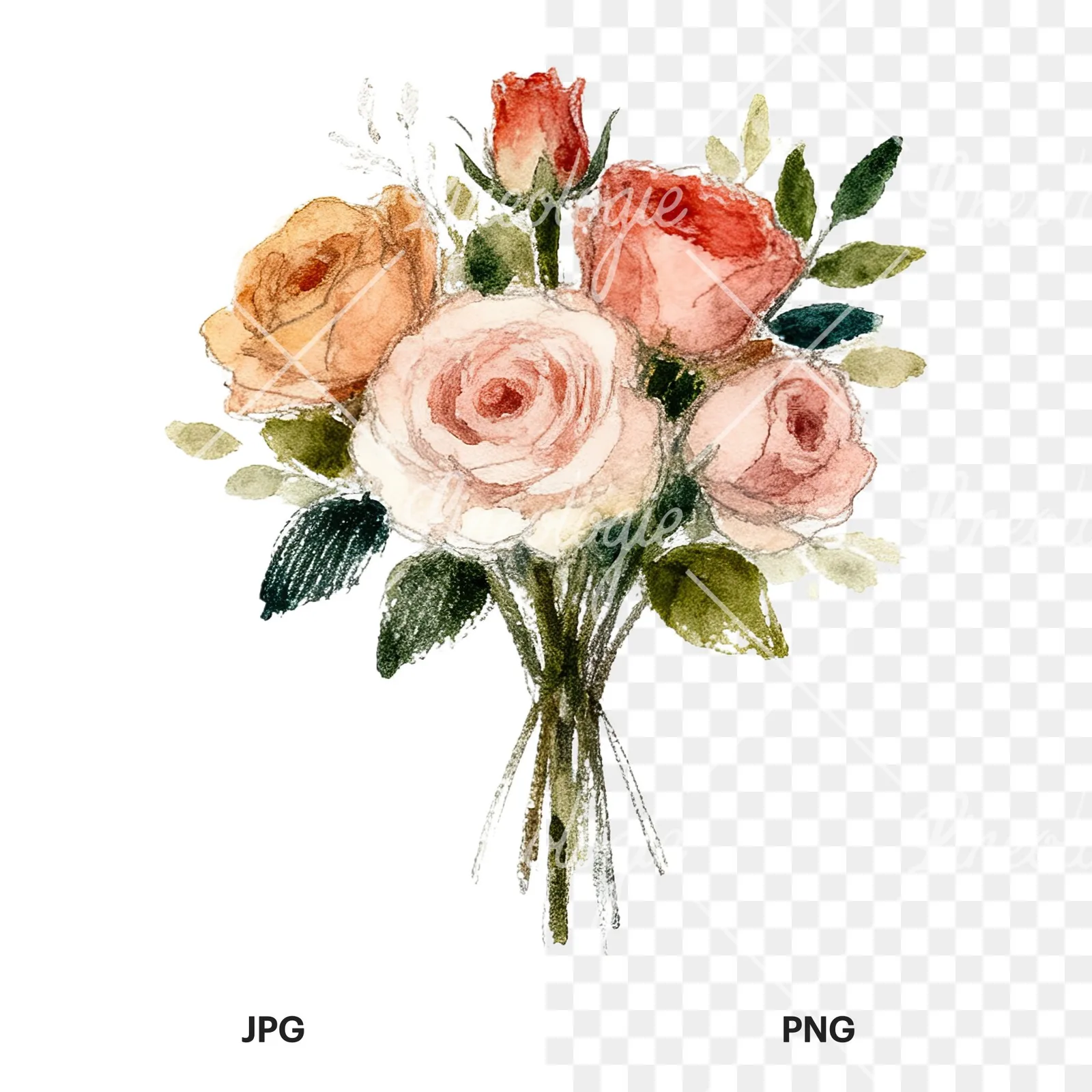 Watercolor rose bouquet with berries clipart 6 of 12, as a JPG on white and a transparent PNG
