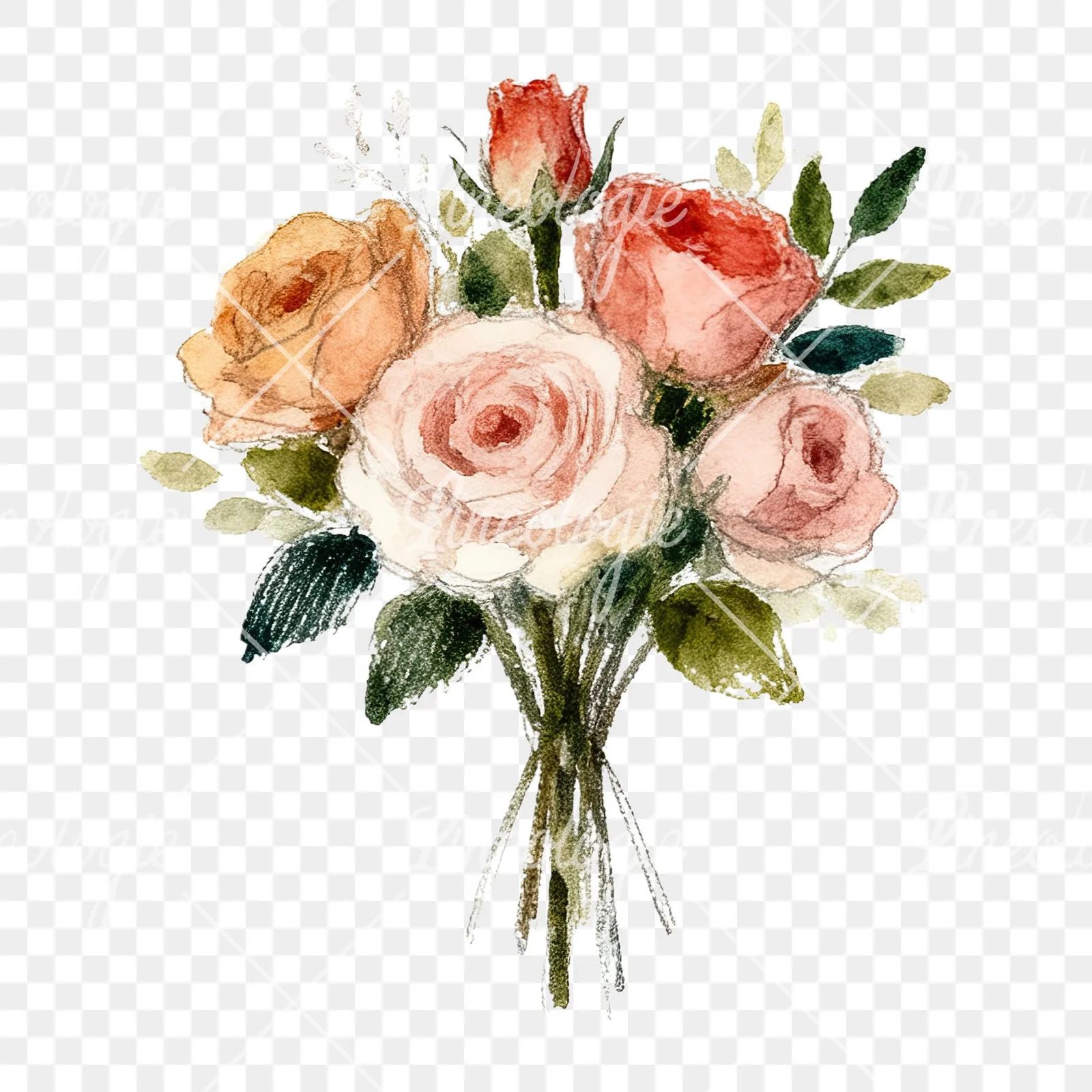 Watercolor rose bouquet with berries clipart 6 of 12 on a transparent background (PNG)