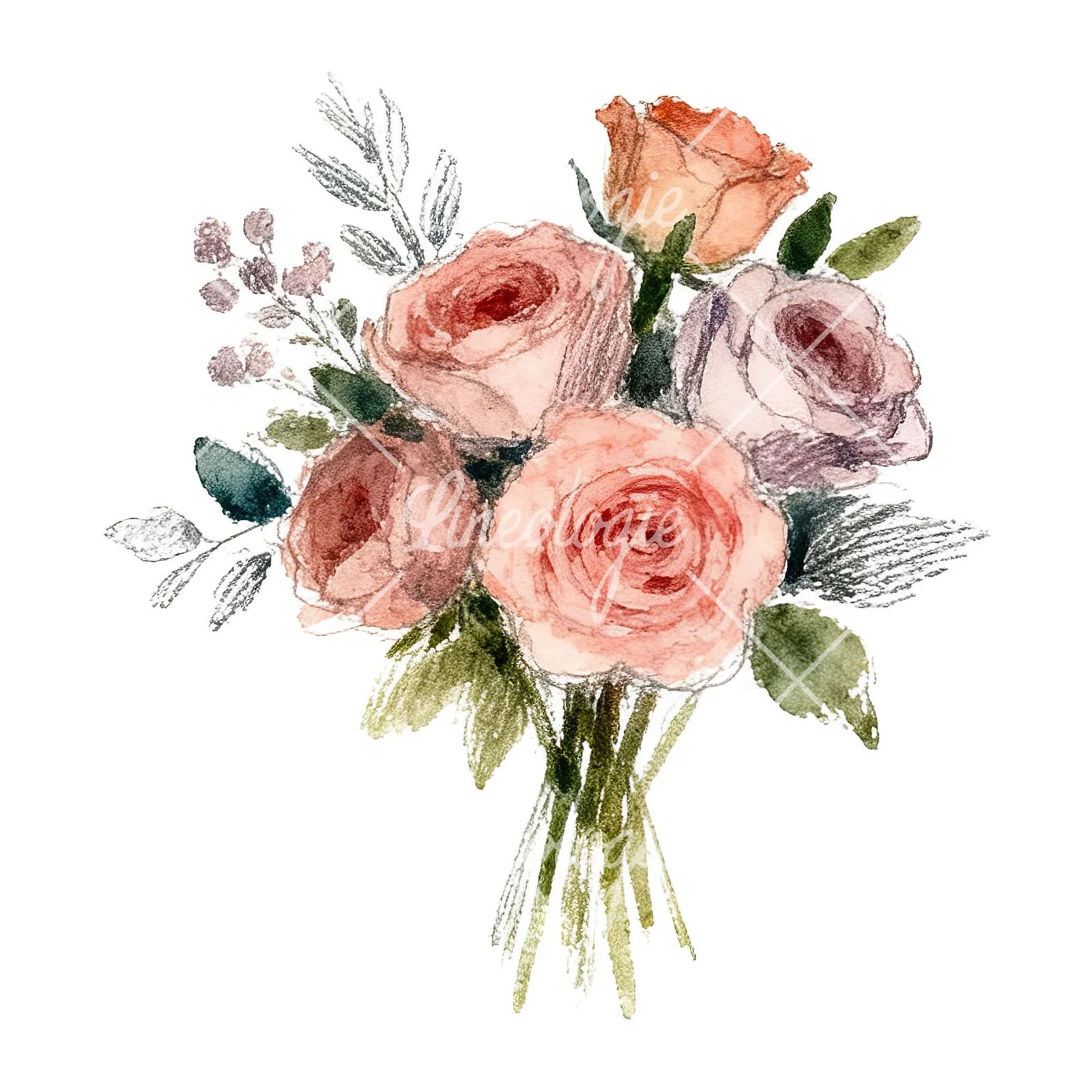 Watercolor rose bouquet with berries clipart 7 of 12 on a white background (JPG)