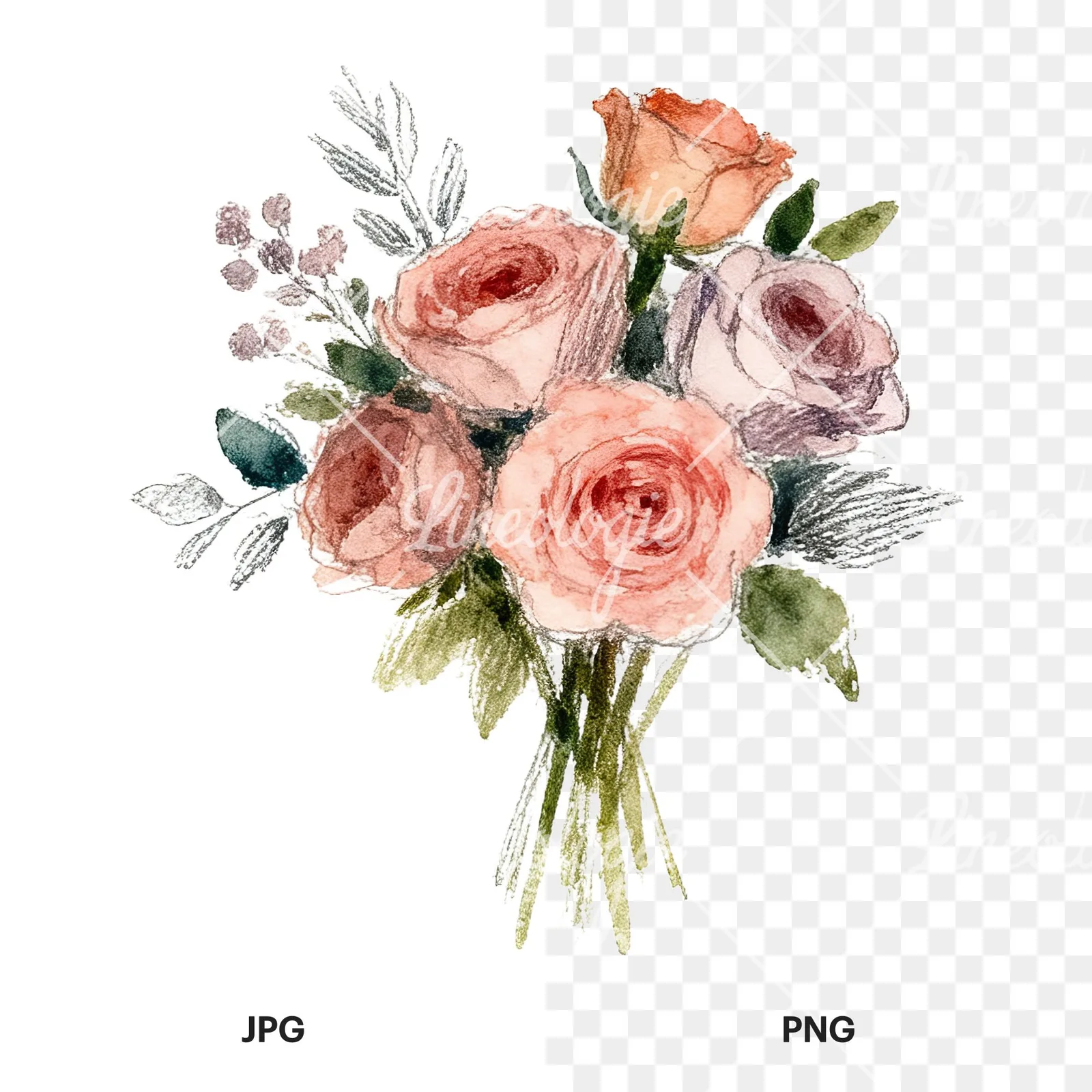 Watercolor rose bouquet with berries clipart 7 of 12, as a JPG on white and a transparent PNG