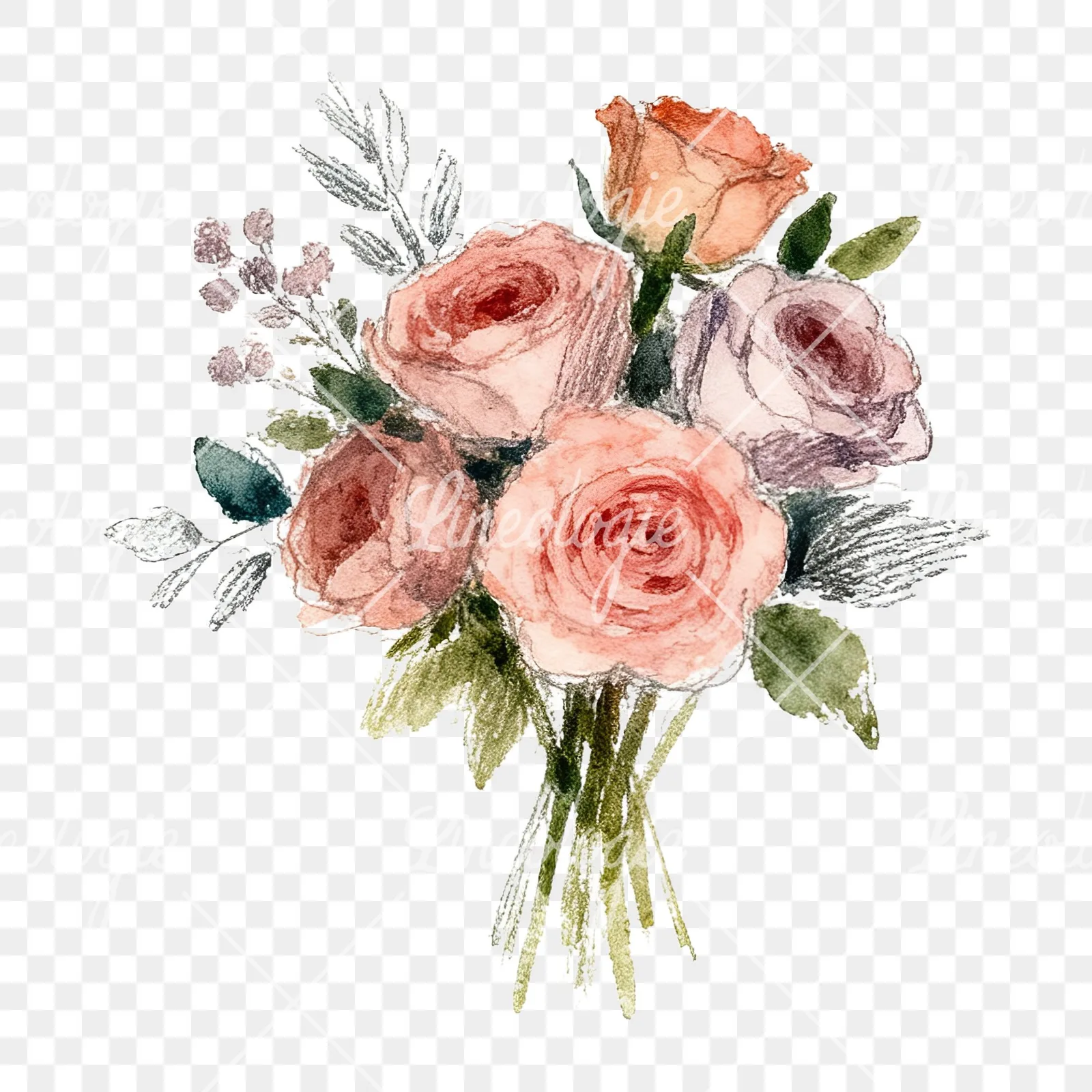 Watercolor rose bouquet with berries clipart 7 of 12 on a transparent background (PNG)