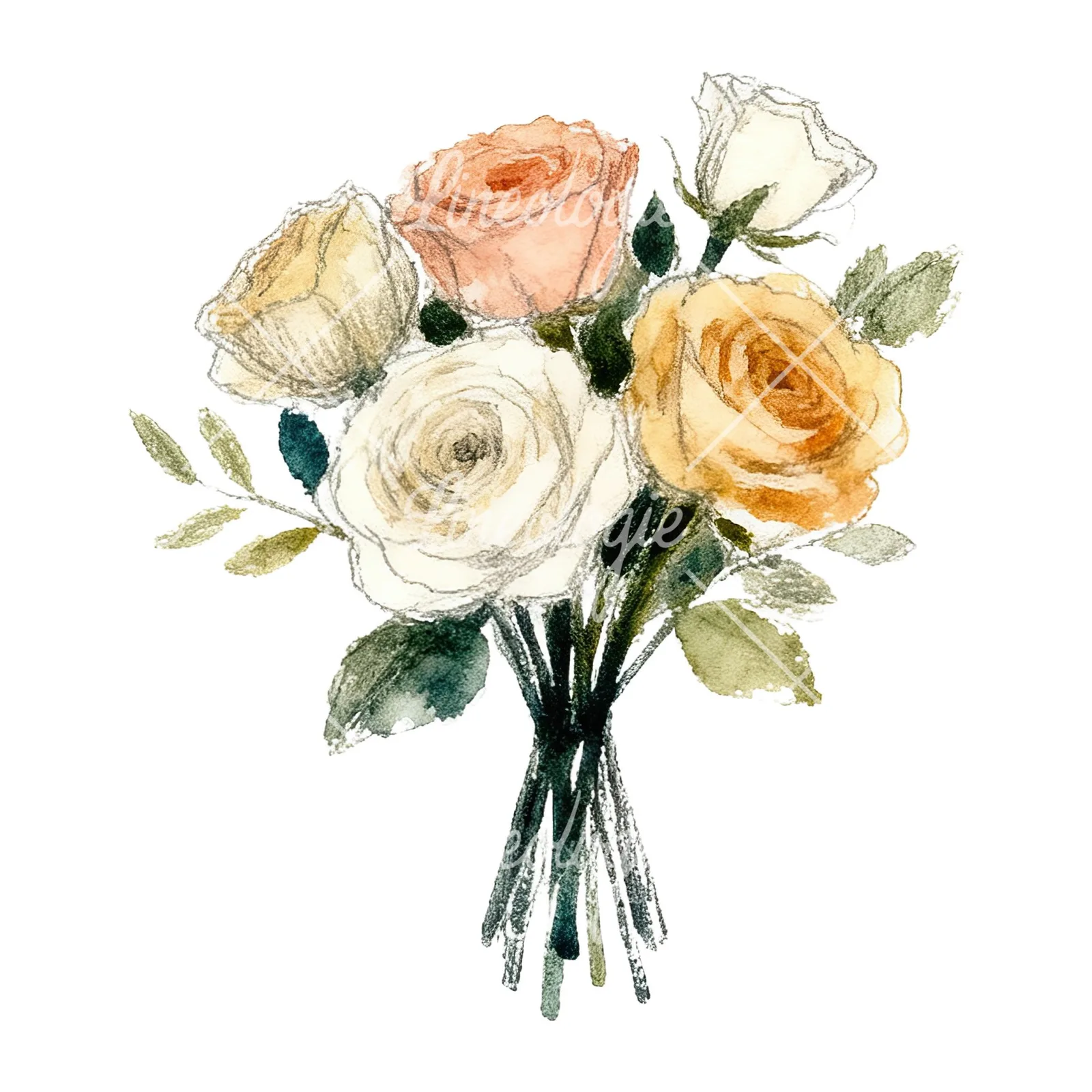 Watercolor rose bouquet with berries clipart 8 of 12 on a white background (JPG)