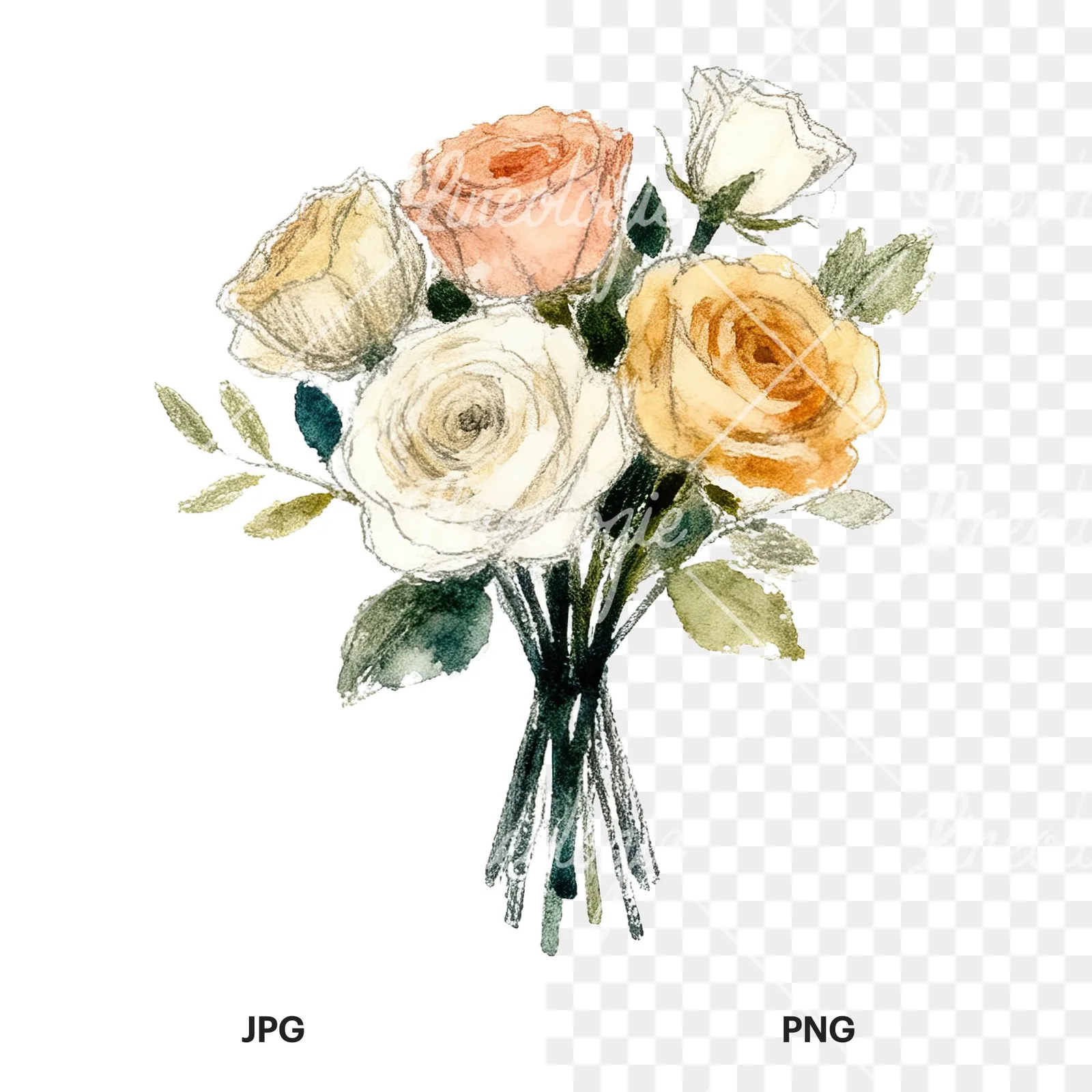 Watercolor rose bouquet with berries clipart 8 of 12, as a JPG on white and a transparent PNG