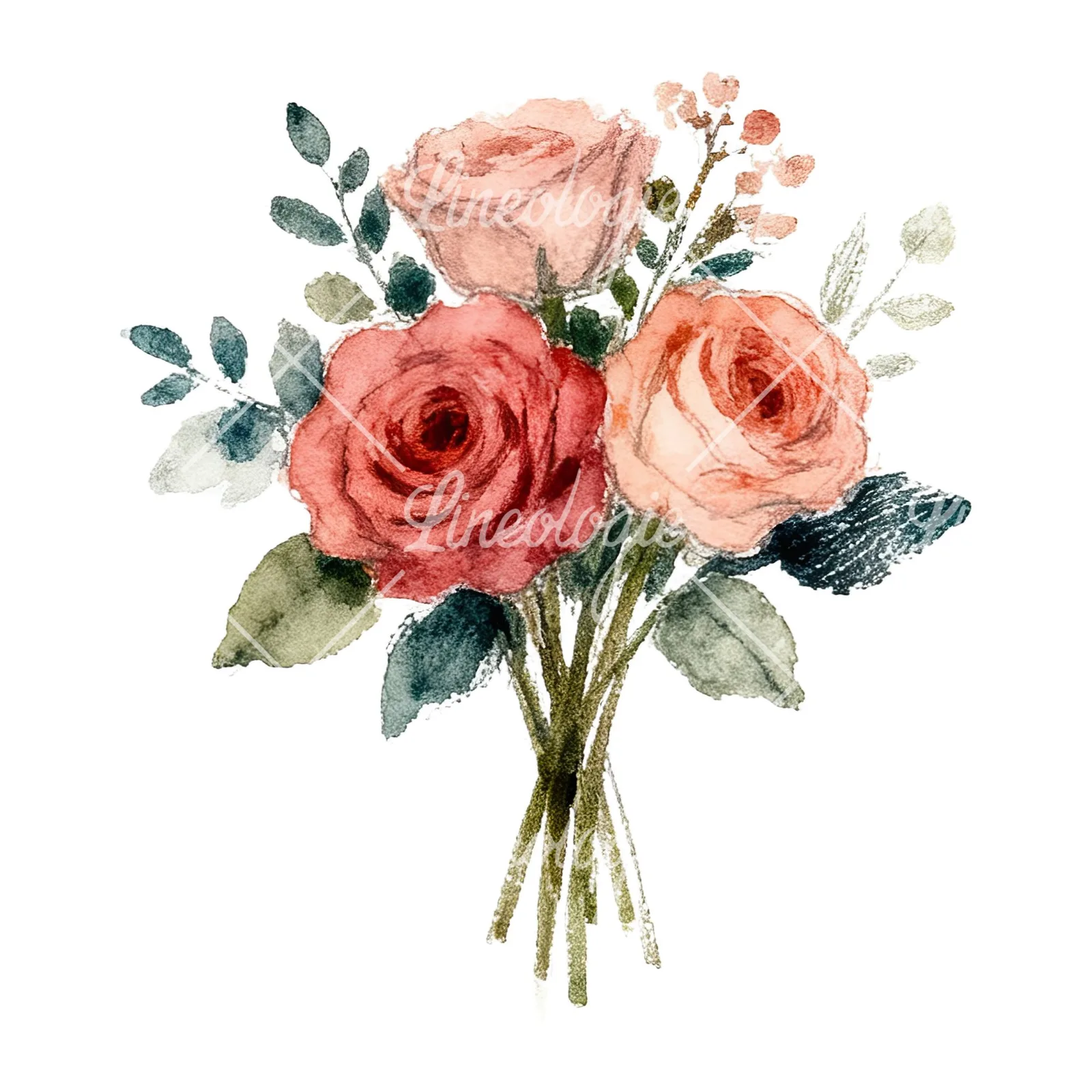 Watercolor rose bouquet with berries clipart 9 of 12 on a white background (JPG)