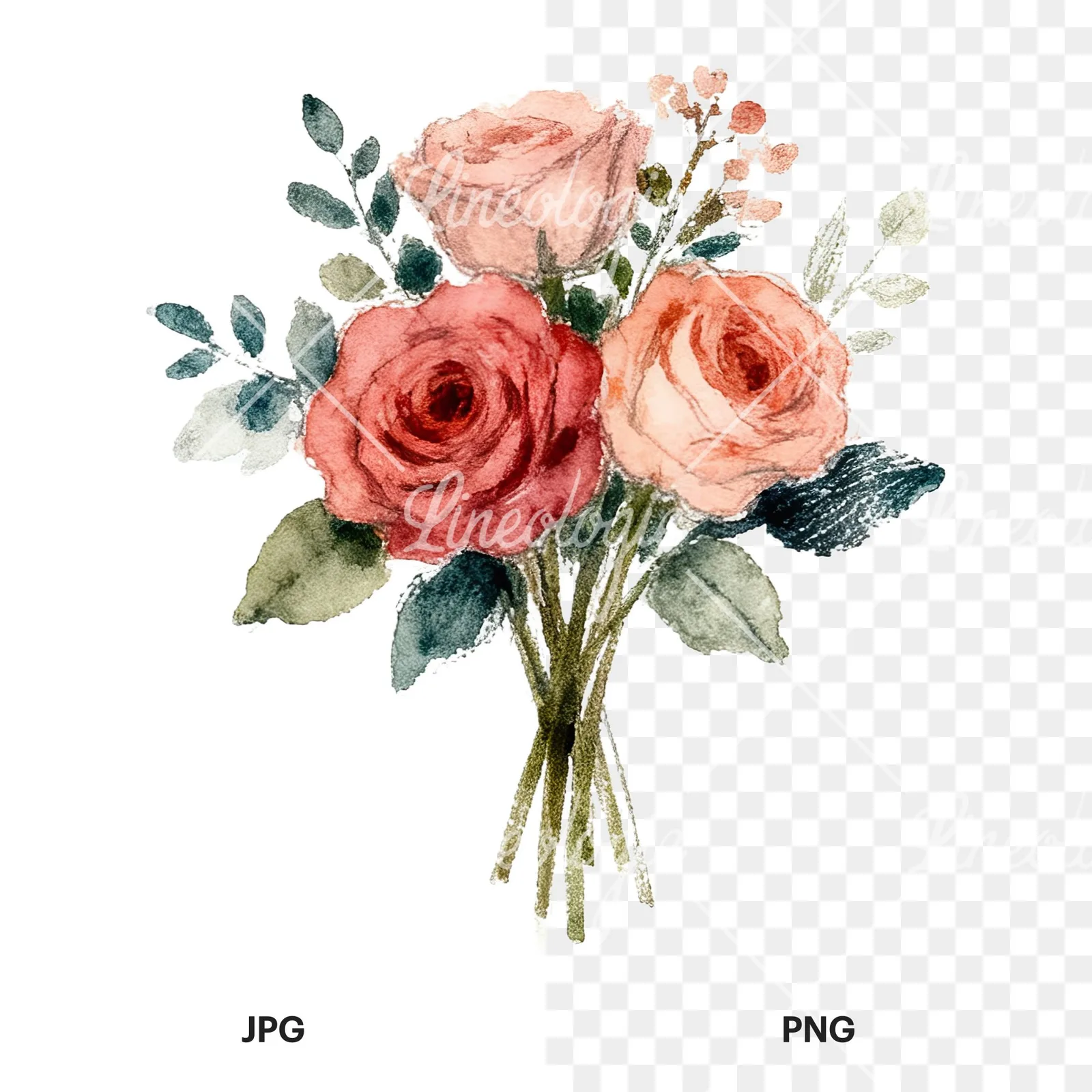 Watercolor rose bouquet with berries clipart 9 of 12, as a JPG on white and a transparent PNG