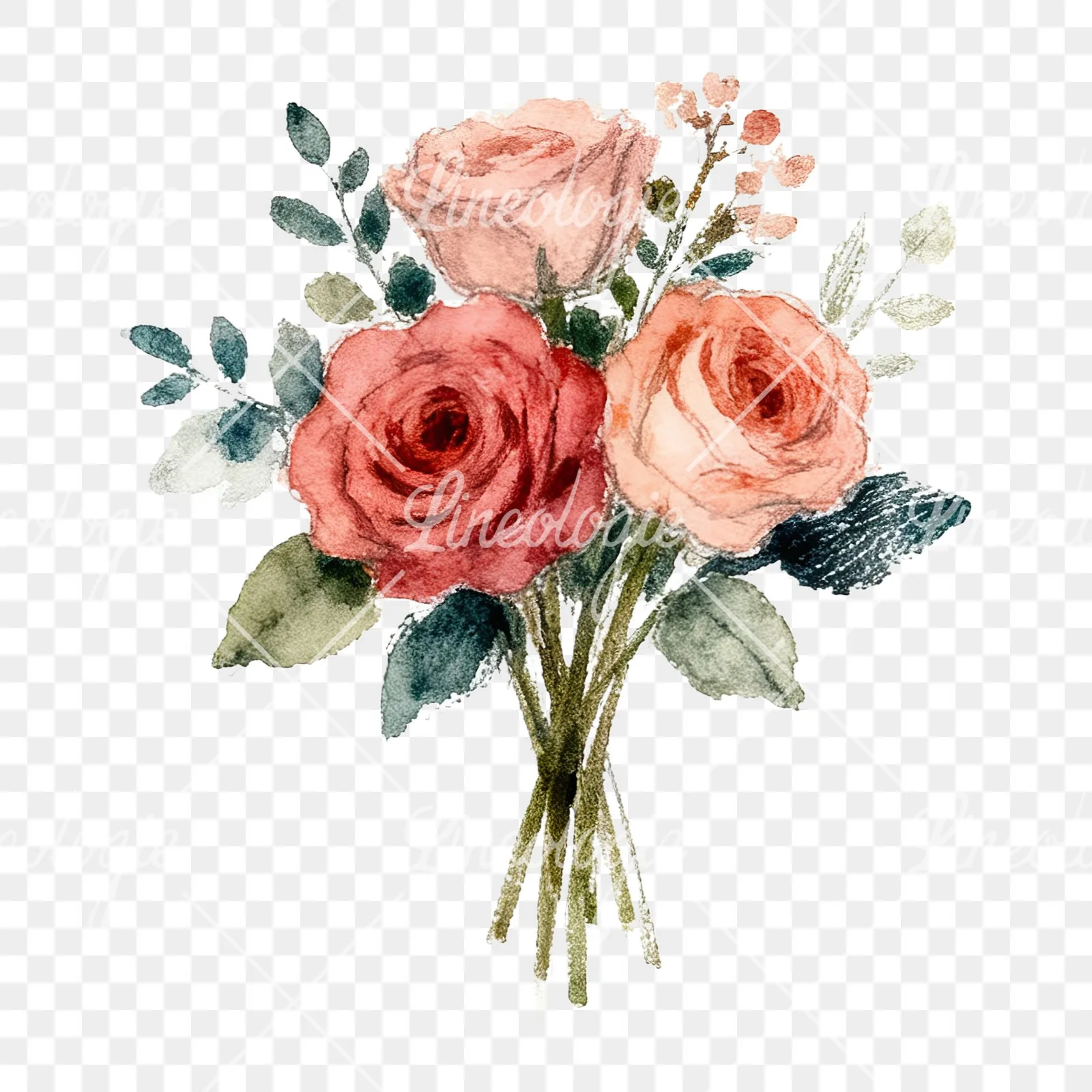 Watercolor rose bouquet with berries clipart 9 of 12 on a transparent background (PNG)