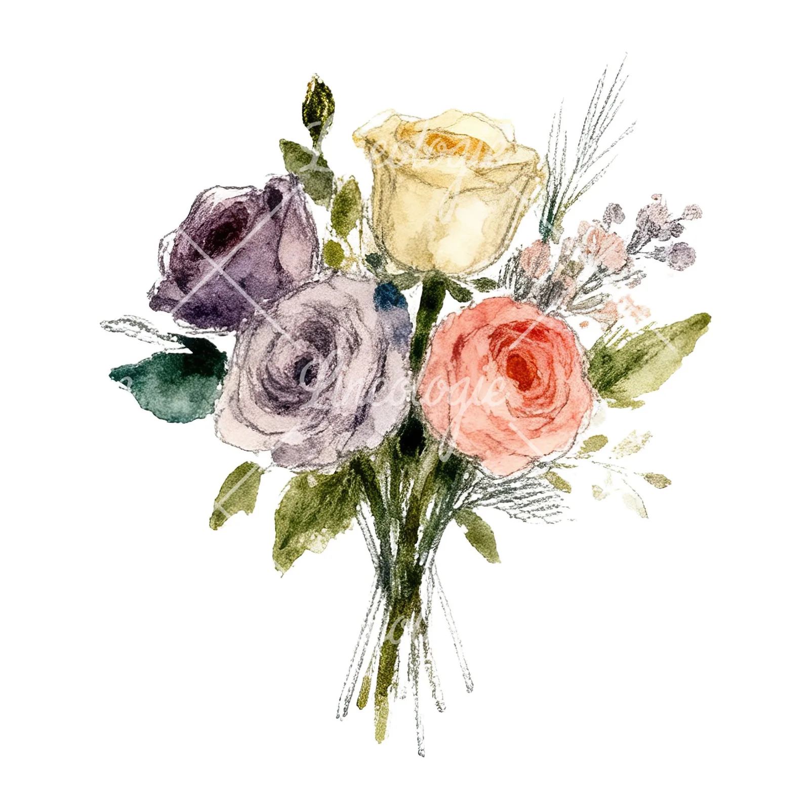 Watercolor rose bouquet with berries clipart 10 of 12 on a white background (JPG)