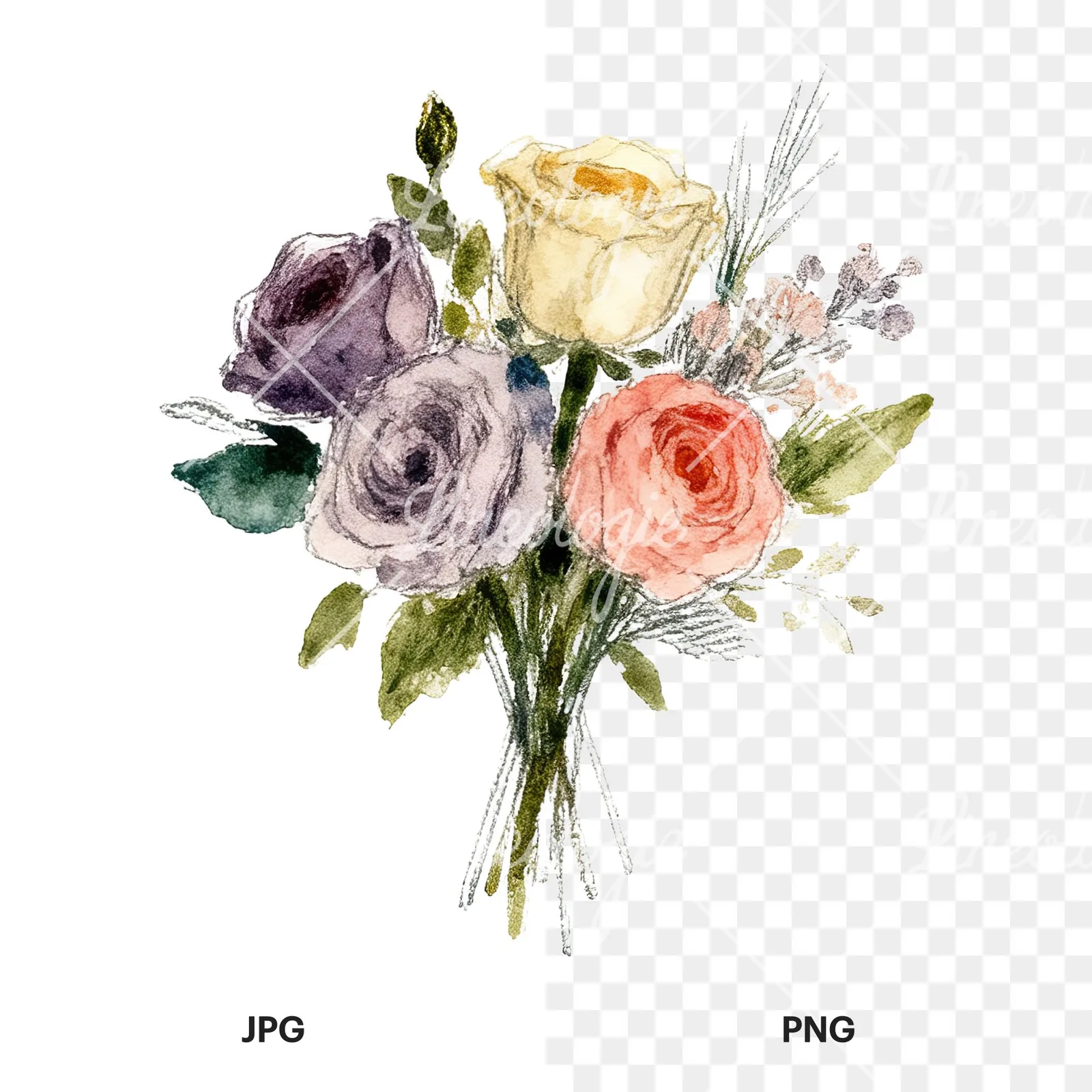 Watercolor rose bouquet with berries clipart 10 of 12, as a JPG on white and a transparent PNG