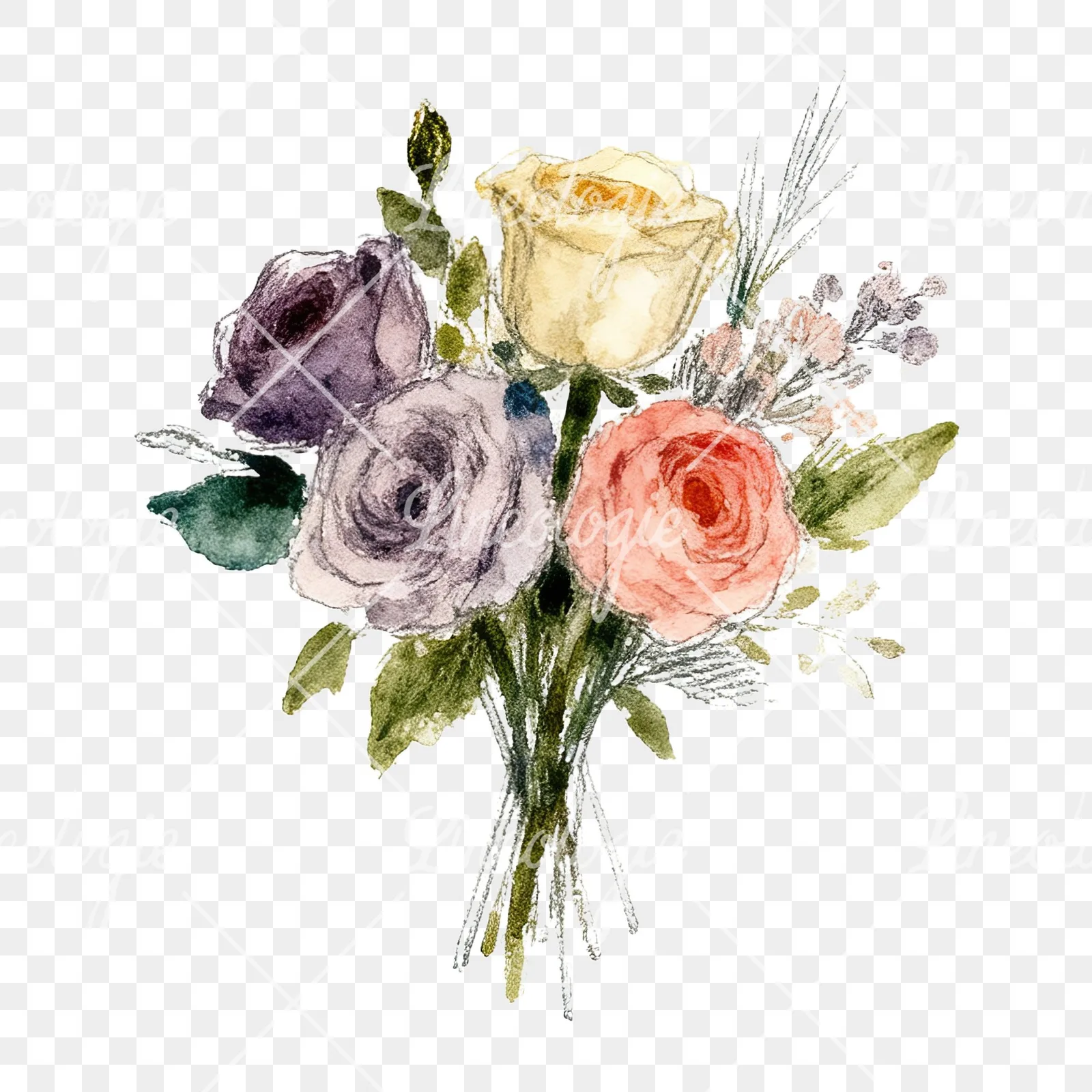 Watercolor rose bouquet with berries clipart 10 of 12 on a transparent background (PNG)