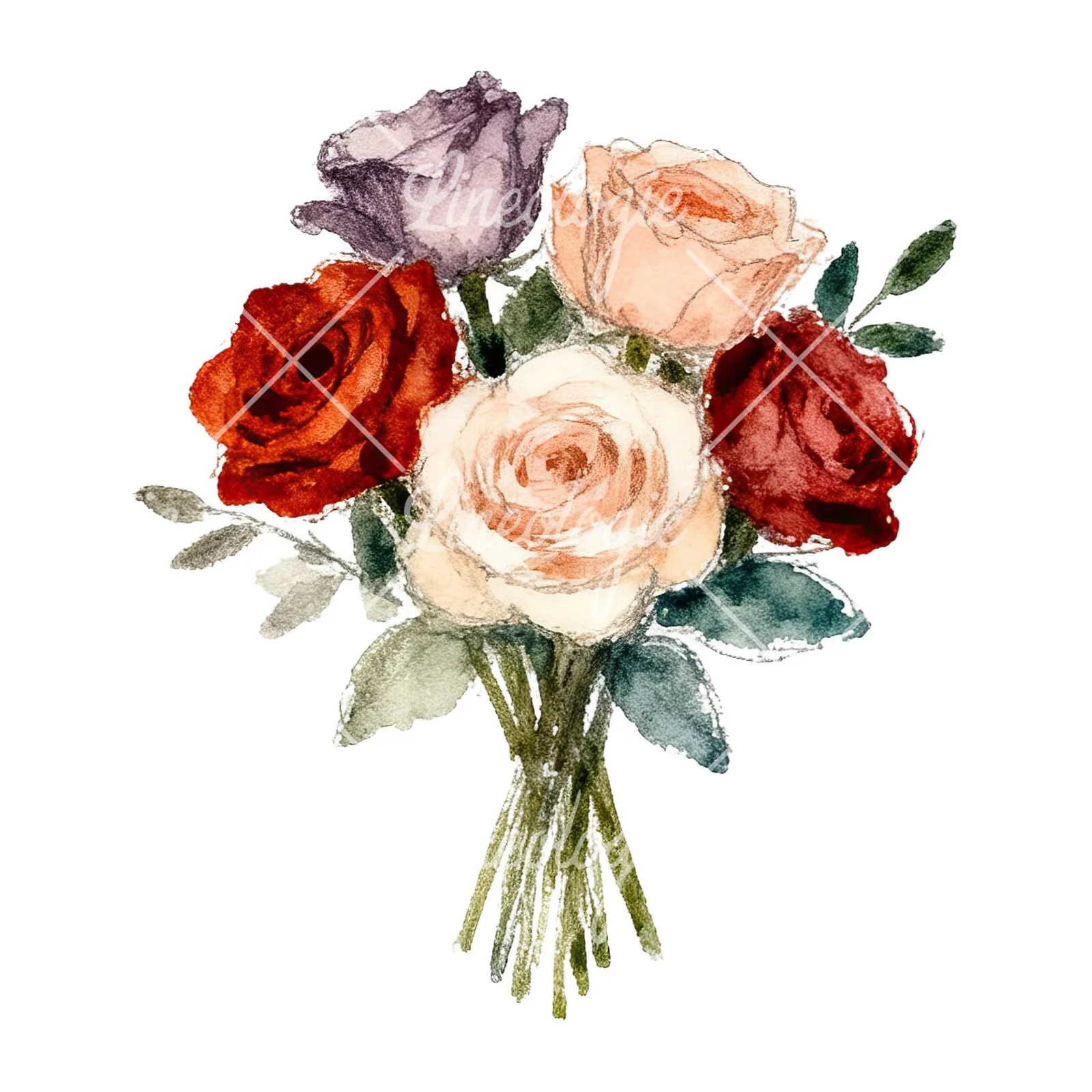 Watercolor rose bouquet with berries clipart 11 of 12 on a white background (JPG)
