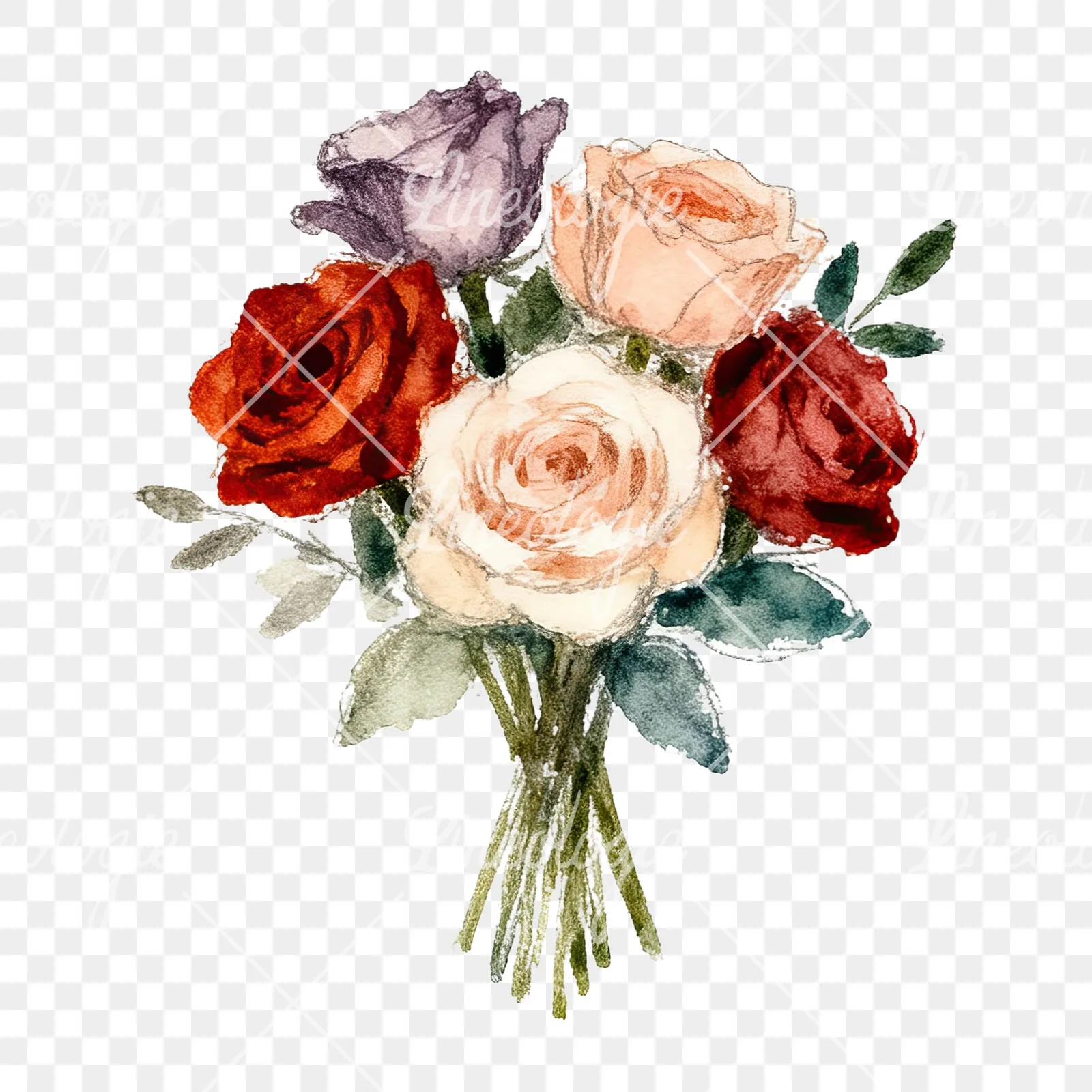 Watercolor rose bouquet with berries clipart 11 of 12 on a transparent background (PNG)