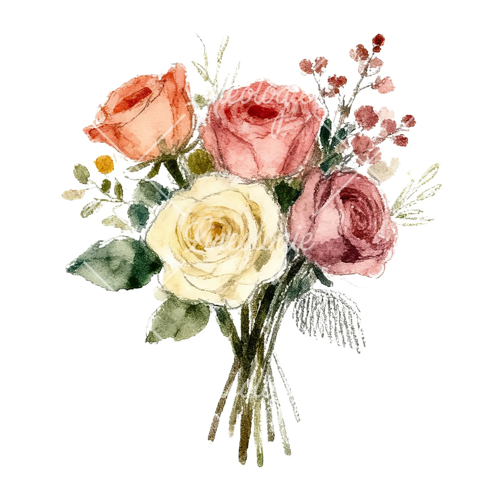 Watercolor rose bouquet with berries clipart 12 of 12 on a white background (JPG)