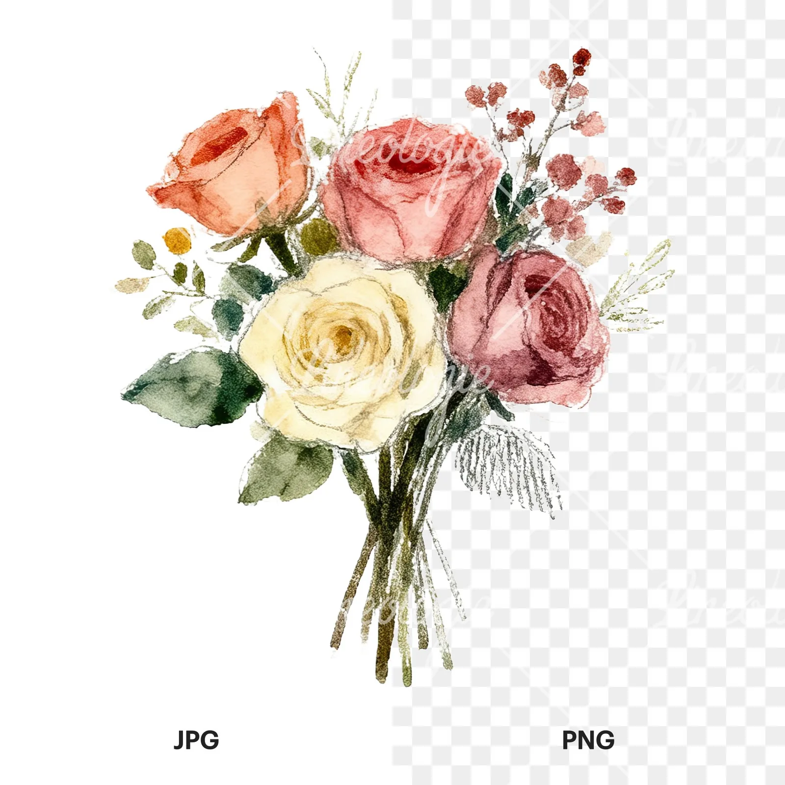 Watercolor rose bouquet with berries clipart 12 of 12, as a JPG on white and a transparent PNG