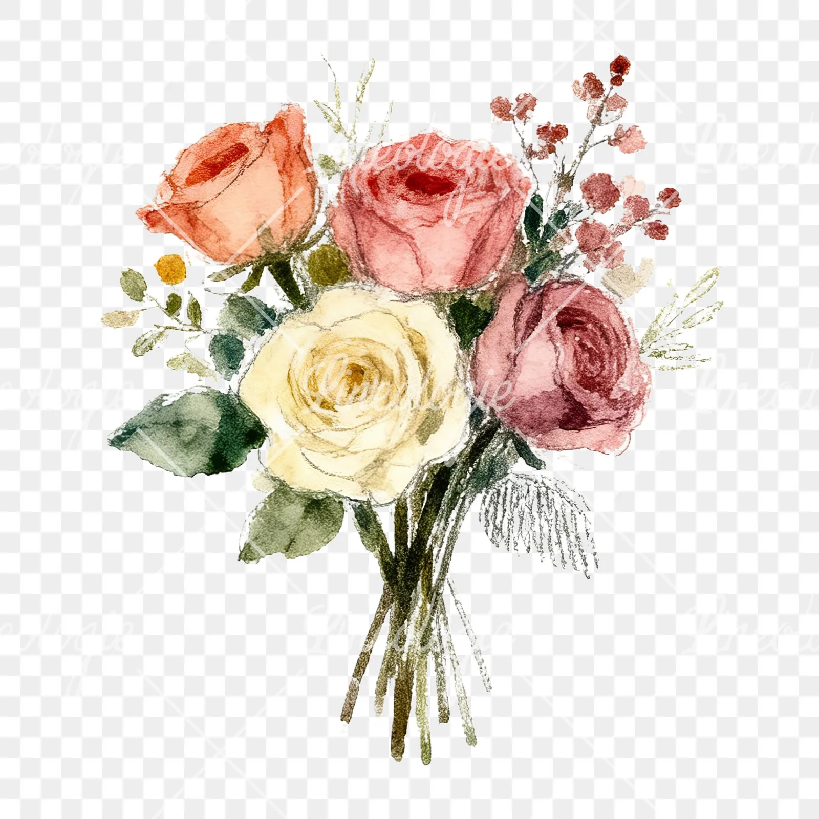 Watercolor rose bouquet with berries clipart 12 of 12 on a transparent background (PNG)