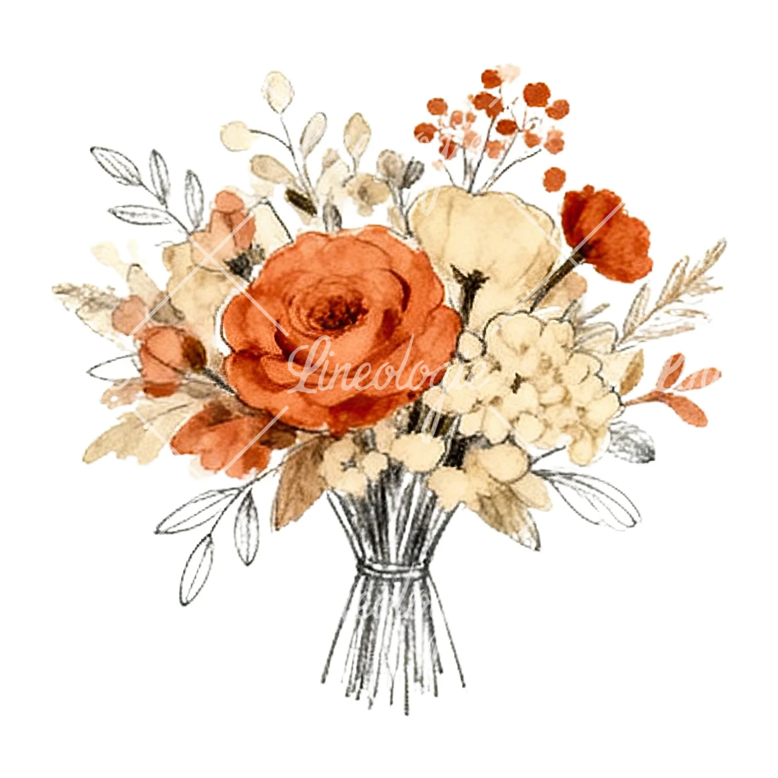 Watercolor terracotta and cream wedding bouquet clipart 1 of 12 on a white background (JPG)