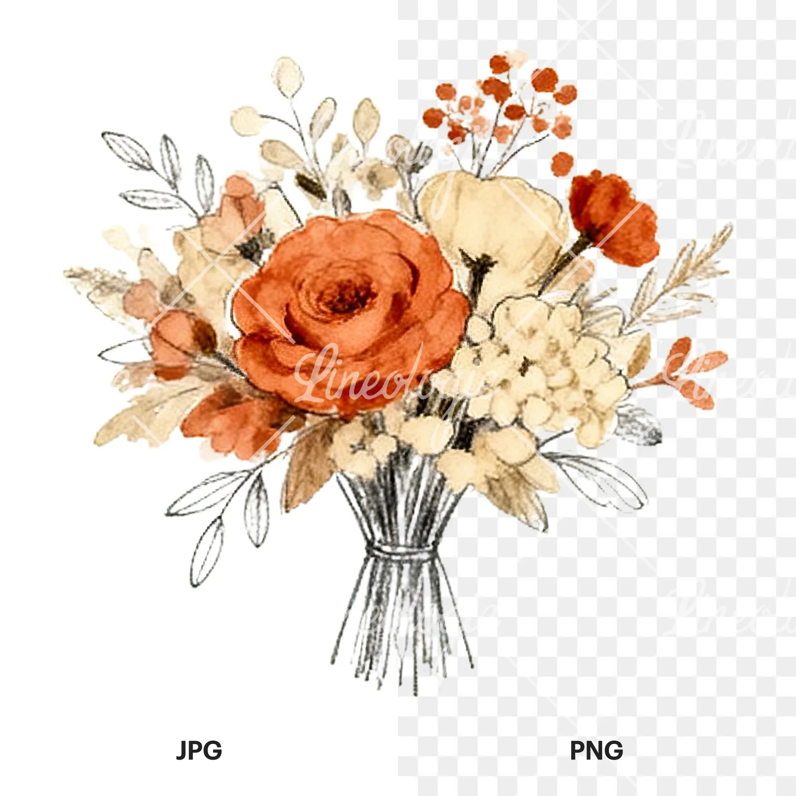 Watercolor terracotta and cream wedding bouquet clipart 1 of 12, as a JPG on white and a transparent PNG