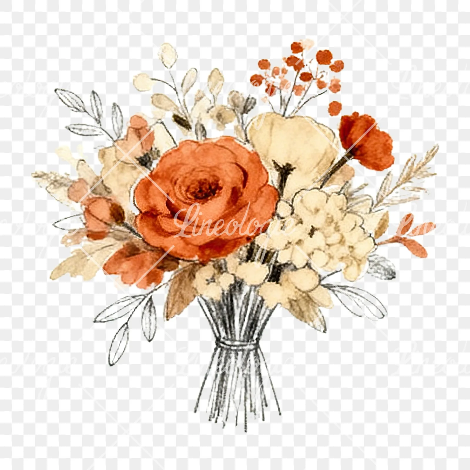 Watercolor terracotta and cream wedding bouquet clipart 1 of 12 on a transparent background (PNG)