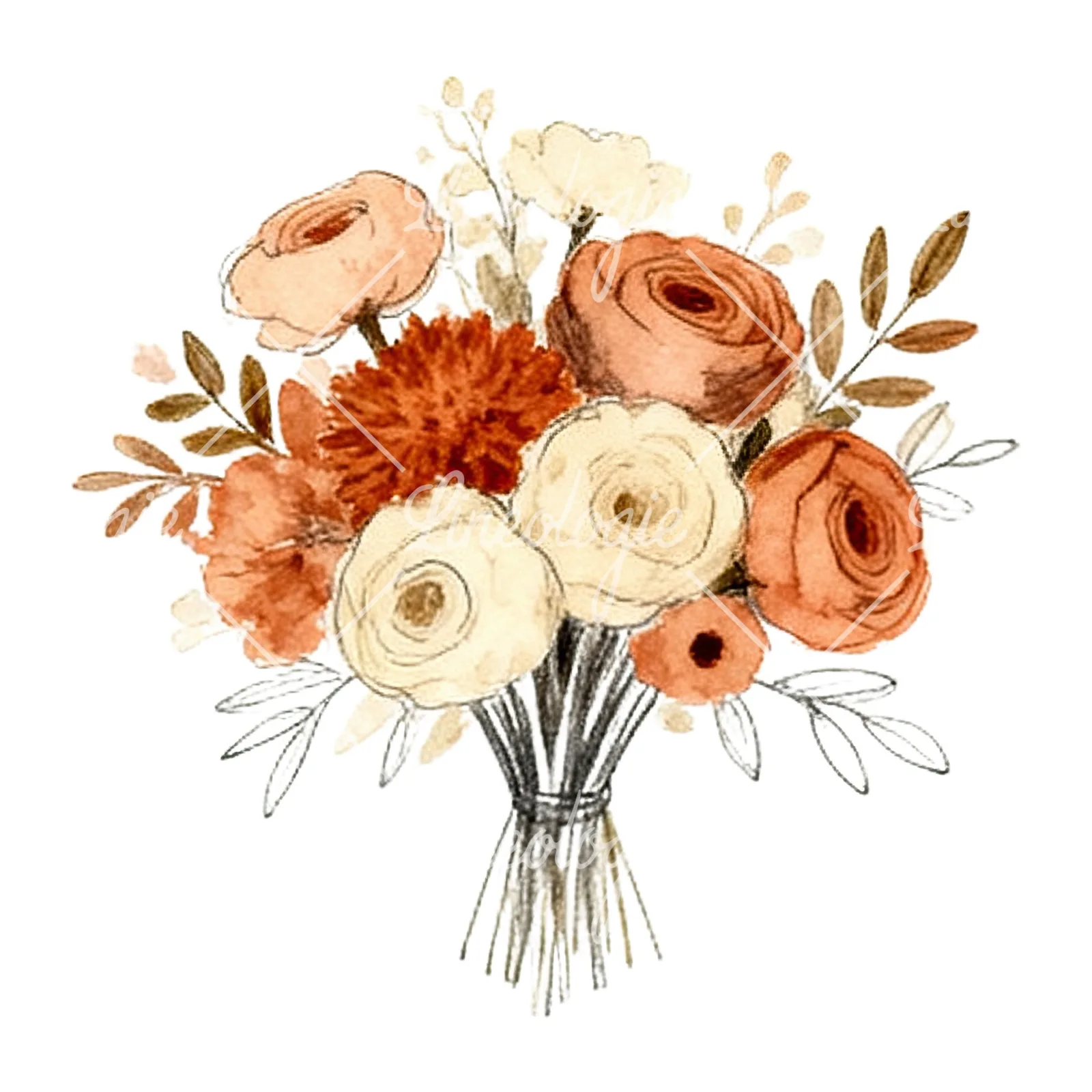 Watercolor terracotta and cream wedding bouquet clipart 2 of 12 on a white background (JPG)