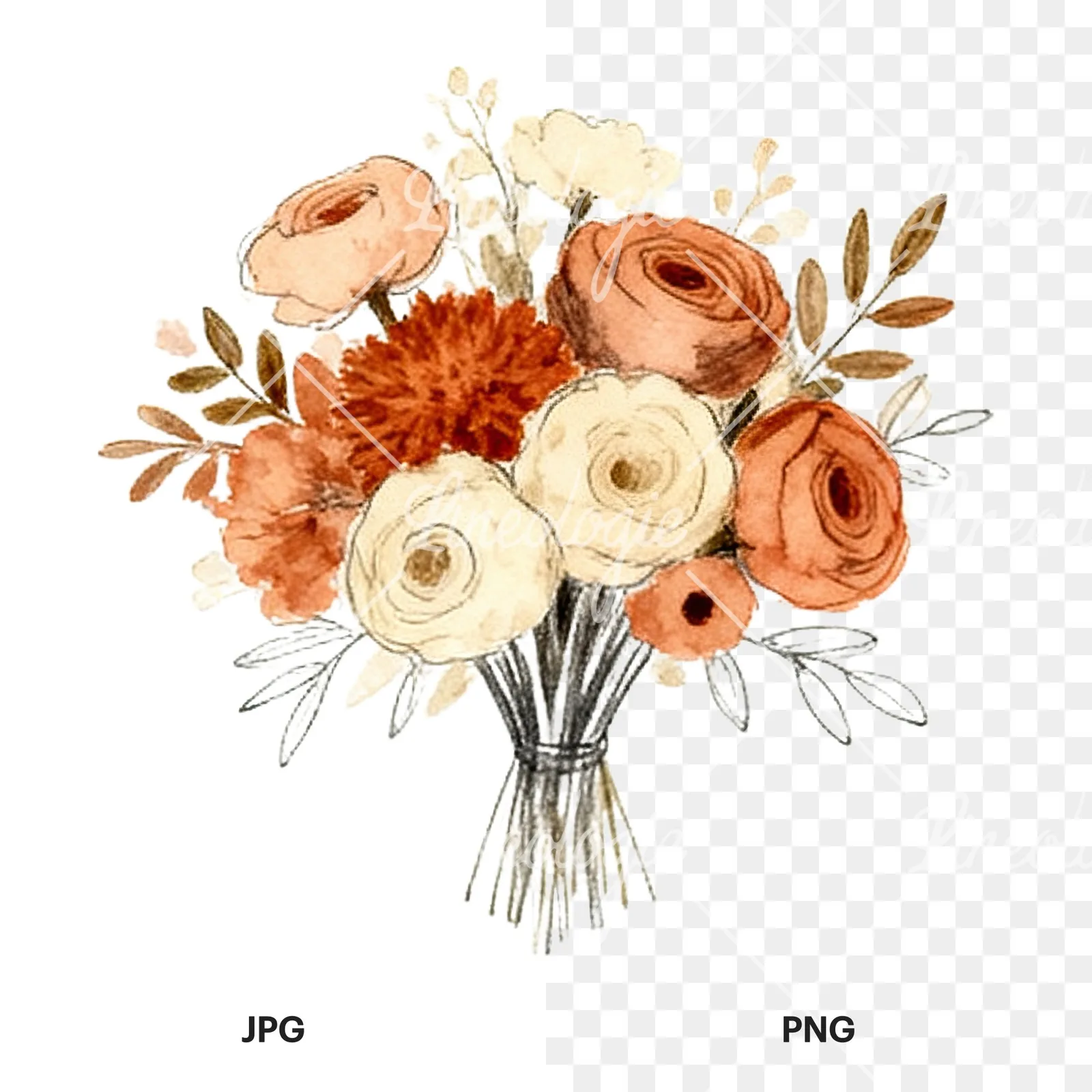 Watercolor terracotta and cream wedding bouquet clipart 2 of 12, as a JPG on white and a transparent PNG