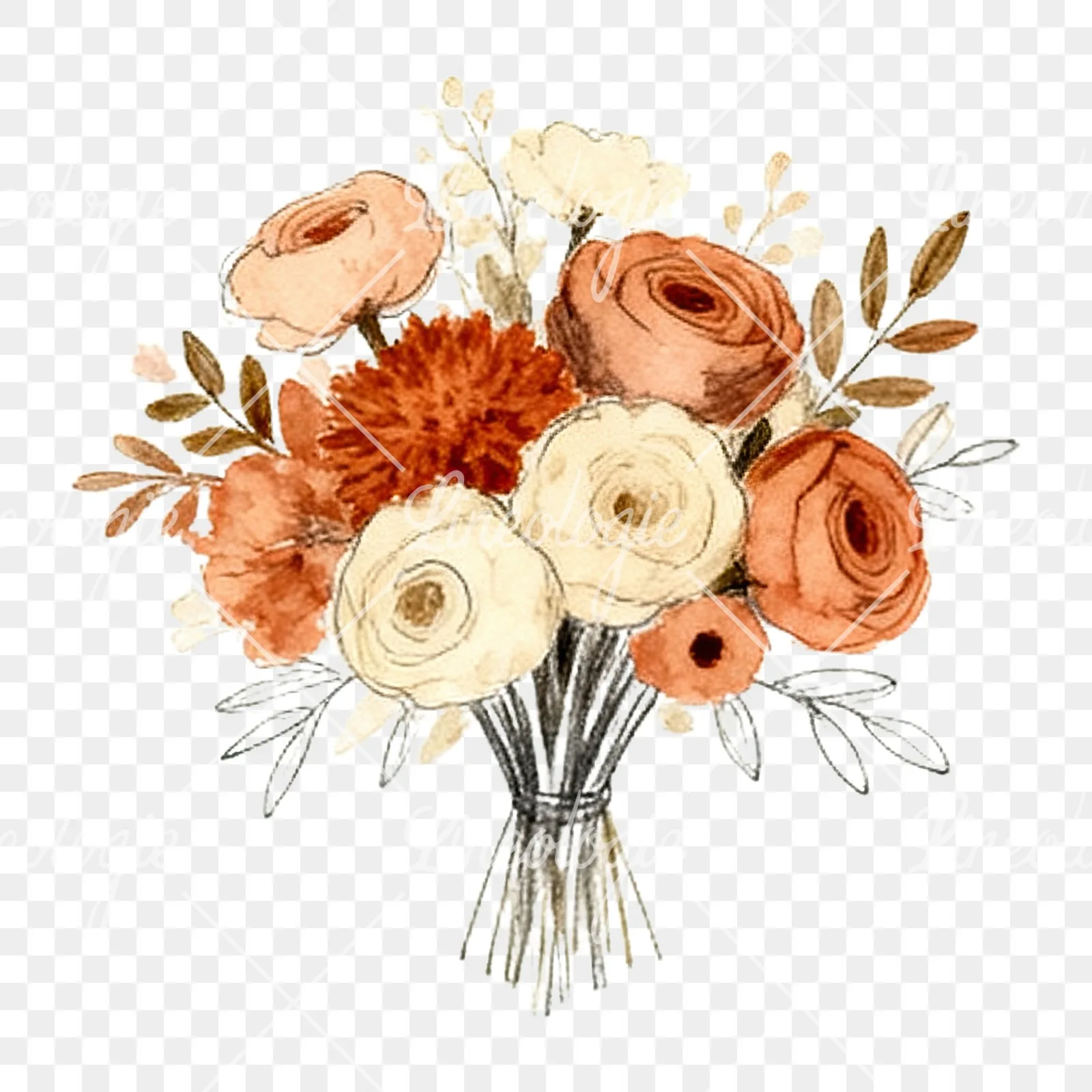 Watercolor terracotta and cream wedding bouquet clipart 2 of 12 on a transparent background (PNG)