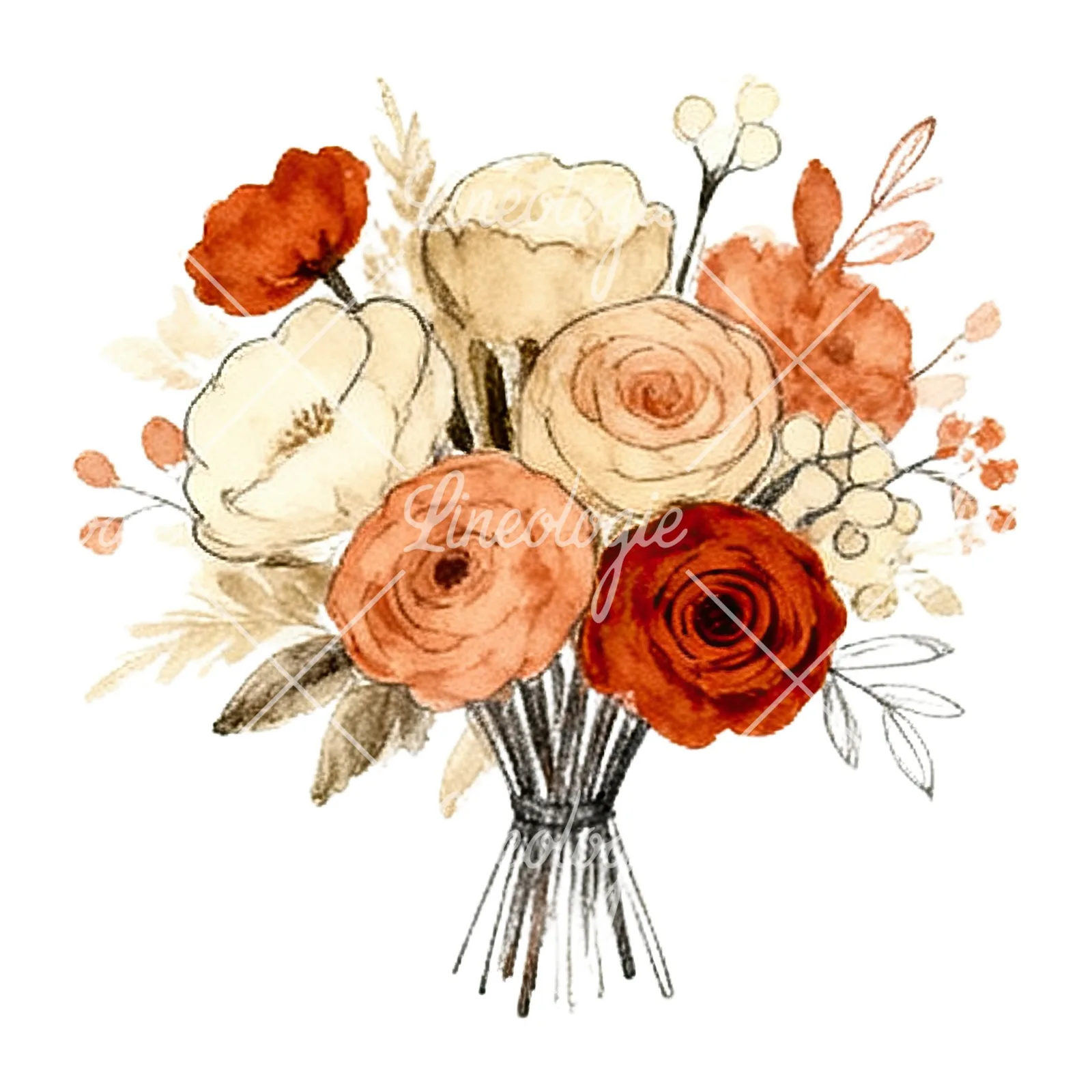 Watercolor terracotta and cream wedding bouquet clipart 3 of 12 on a white background (JPG)