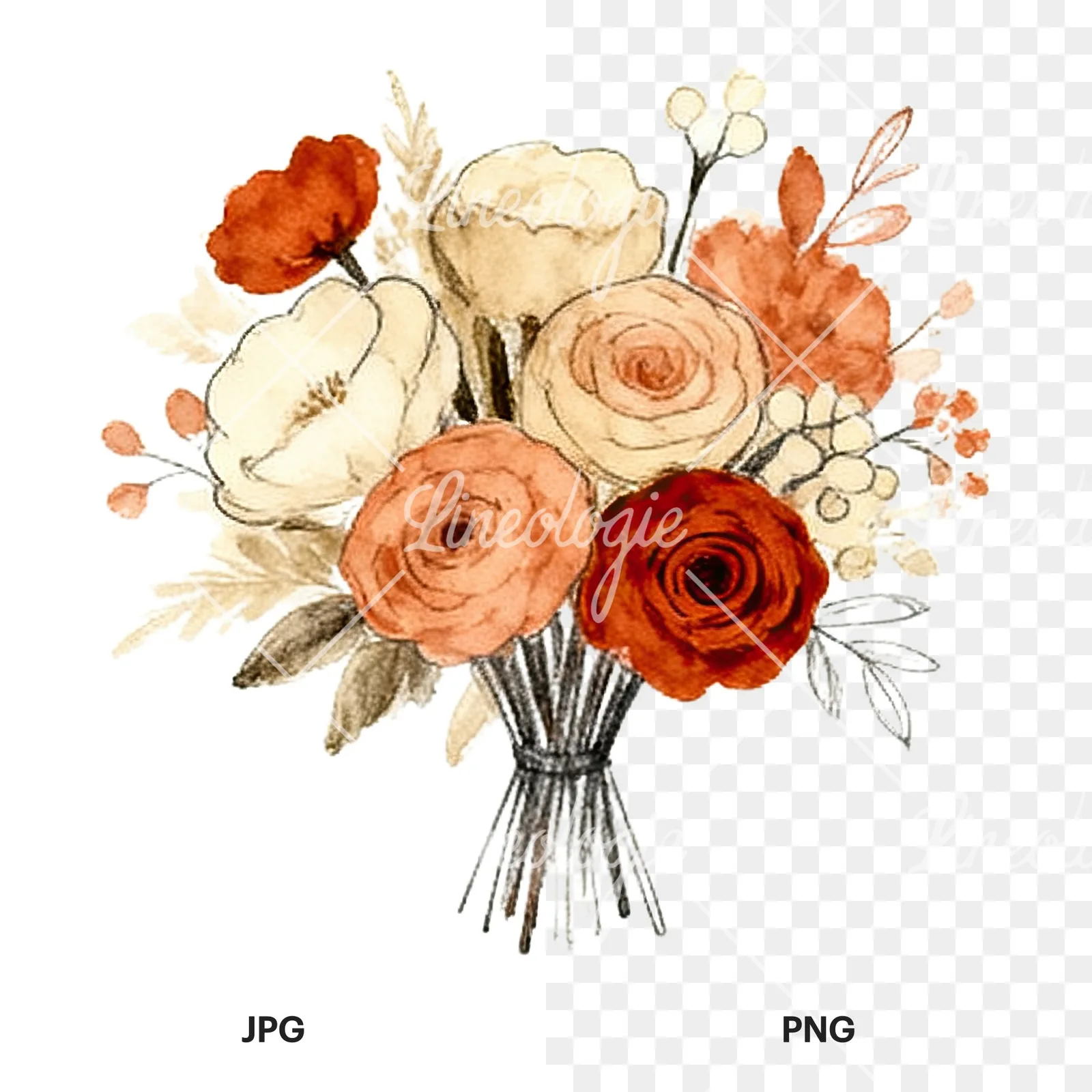 Watercolor terracotta and cream wedding bouquet clipart 3 of 12, as a JPG on white and a transparent PNG