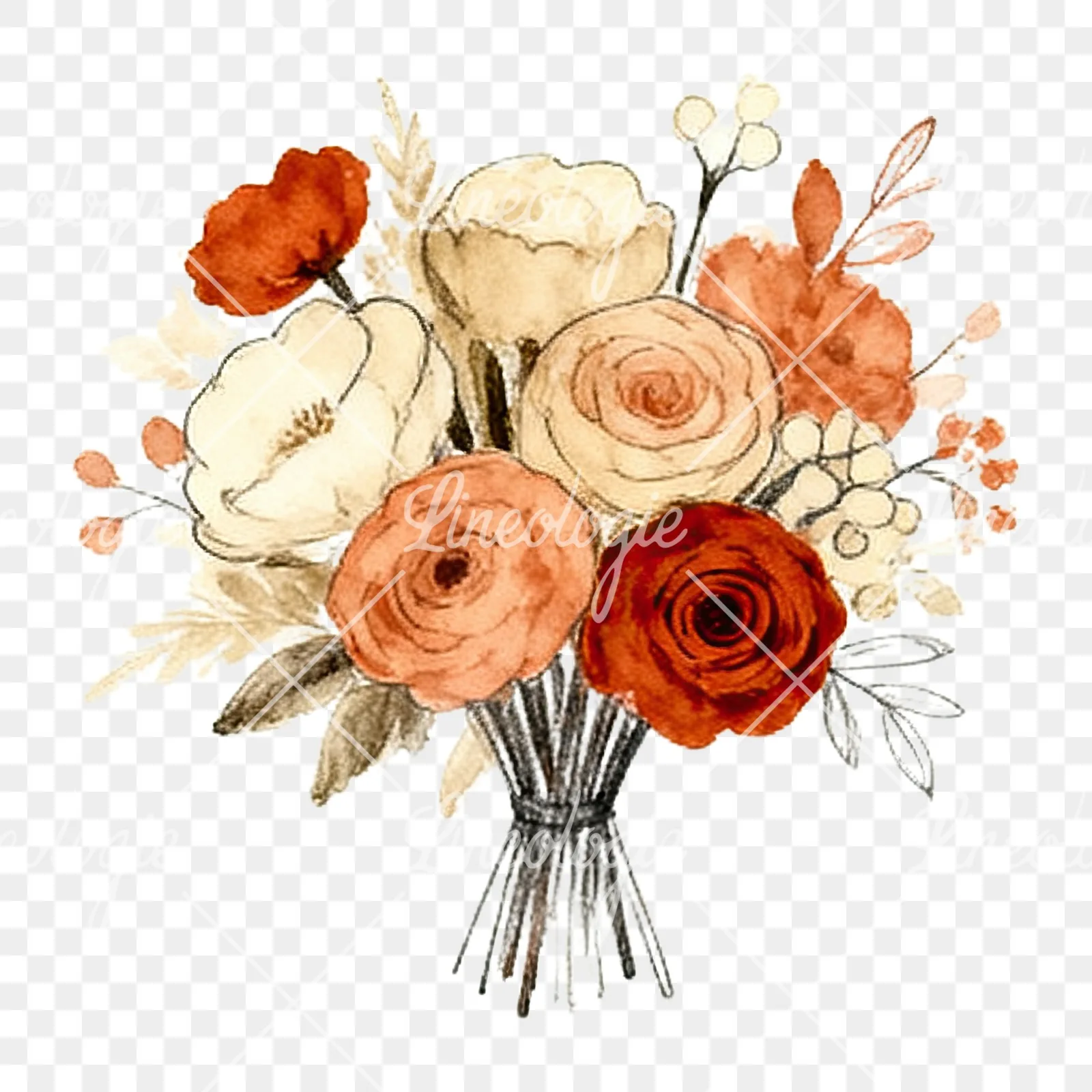 Watercolor terracotta and cream wedding bouquet clipart 3 of 12 on a transparent background (PNG)