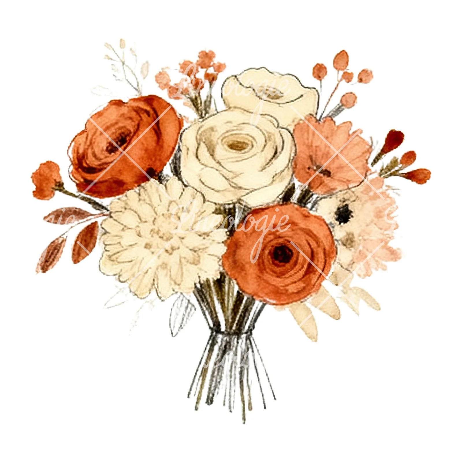 Watercolor terracotta and cream wedding bouquet clipart 4 of 12 on a white background (JPG)