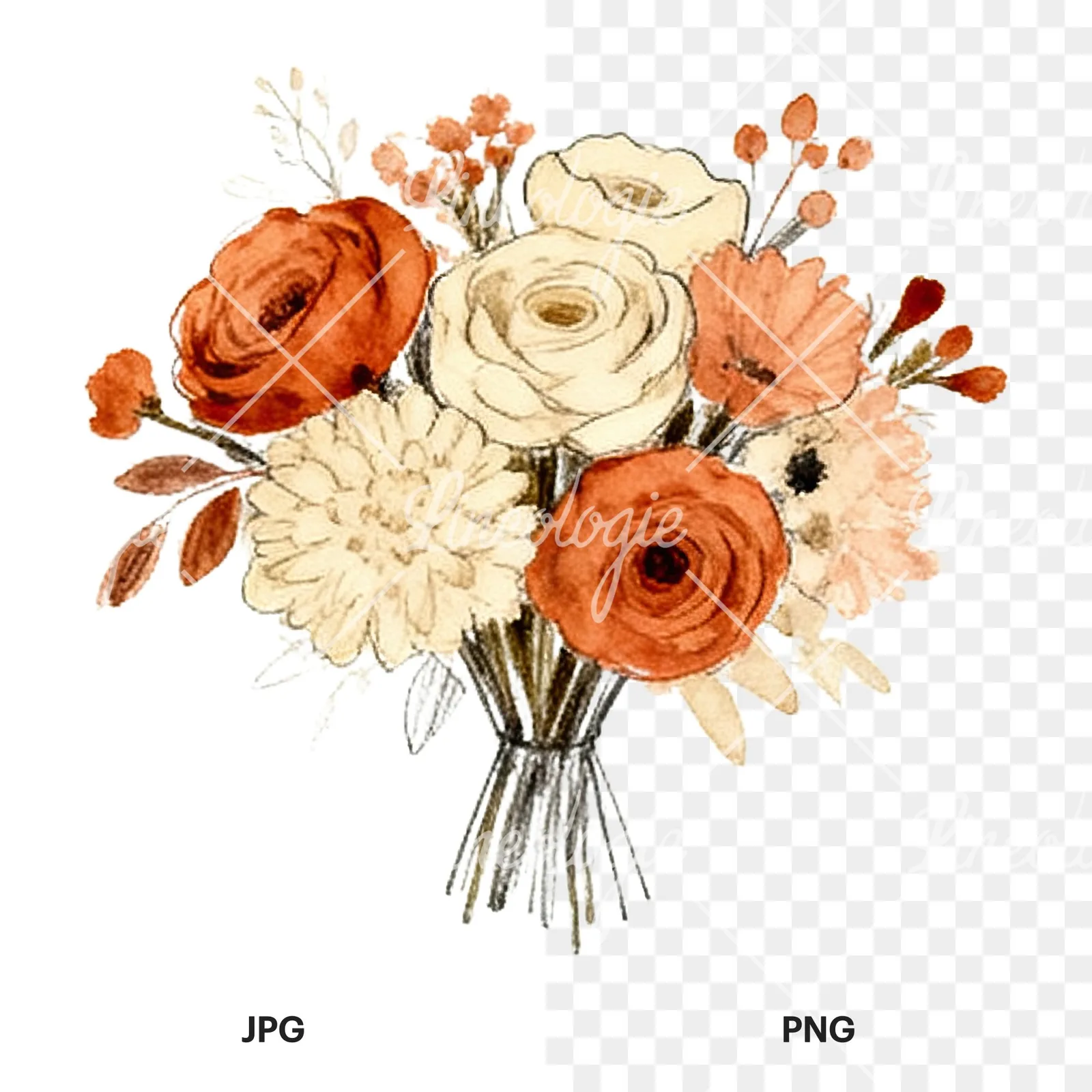Watercolor terracotta and cream wedding bouquet clipart 4 of 12, as a JPG on white and a transparent PNG