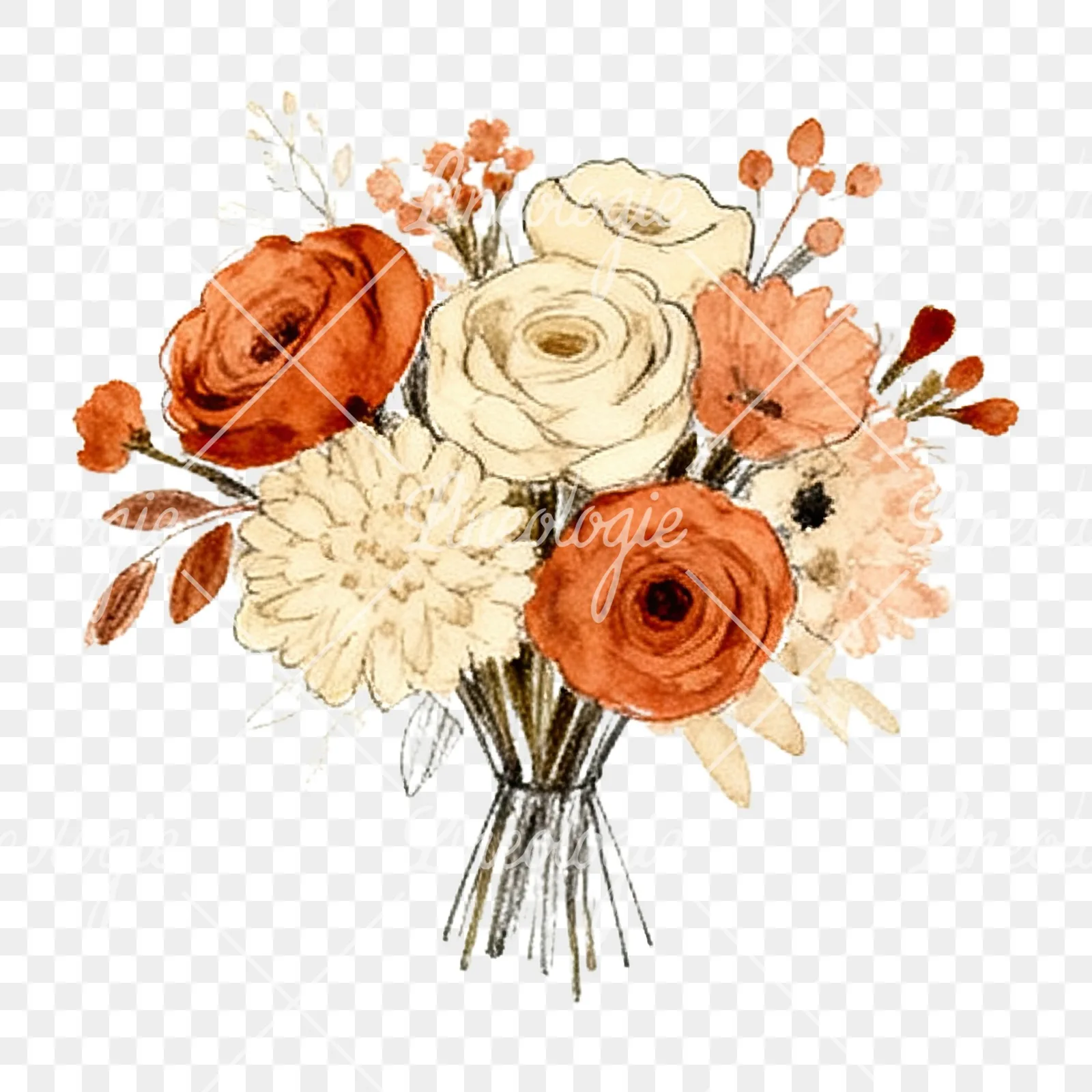 Watercolor terracotta and cream wedding bouquet clipart 4 of 12 on a transparent background (PNG)