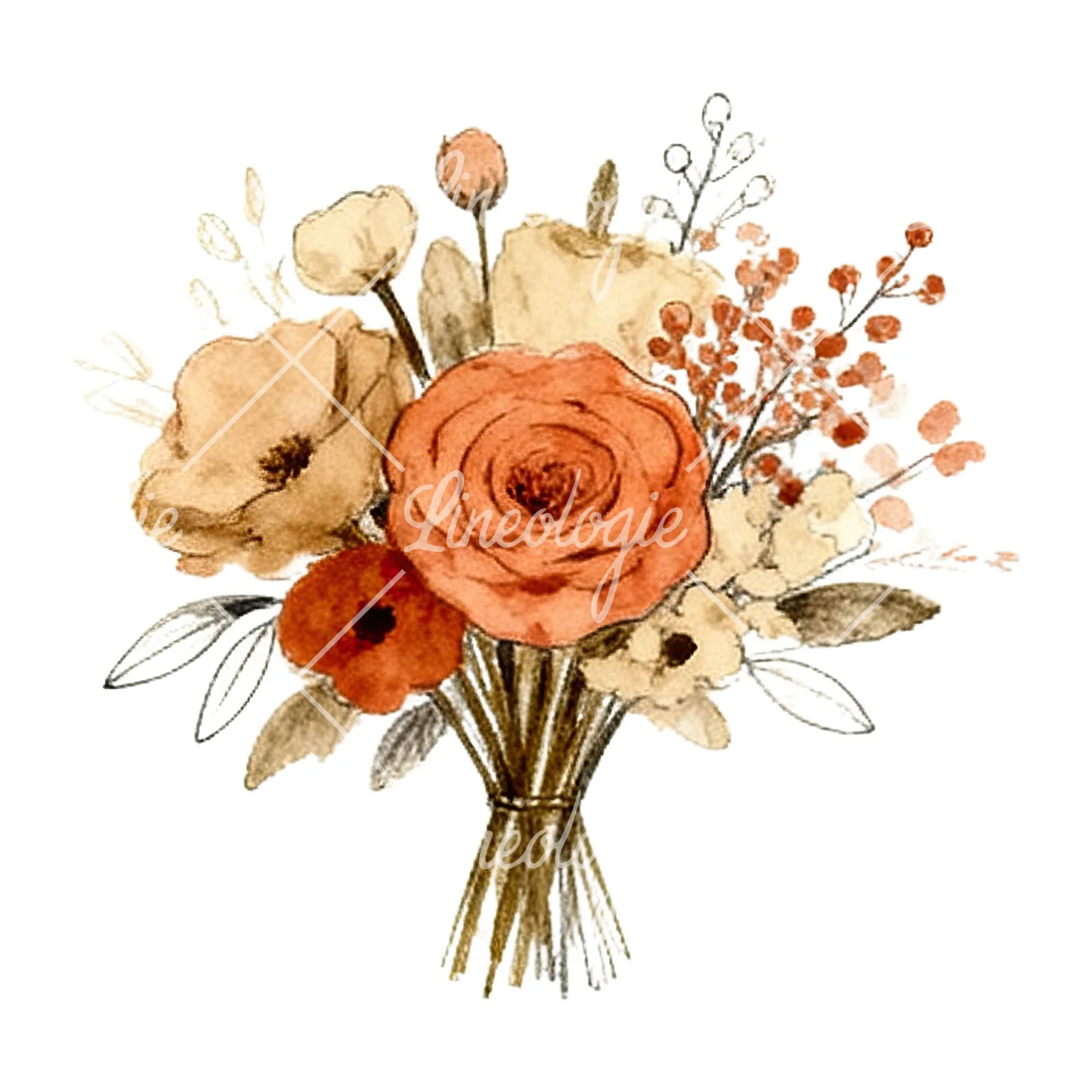 Watercolor terracotta and cream wedding bouquet clipart 5 of 12 on a white background (JPG)